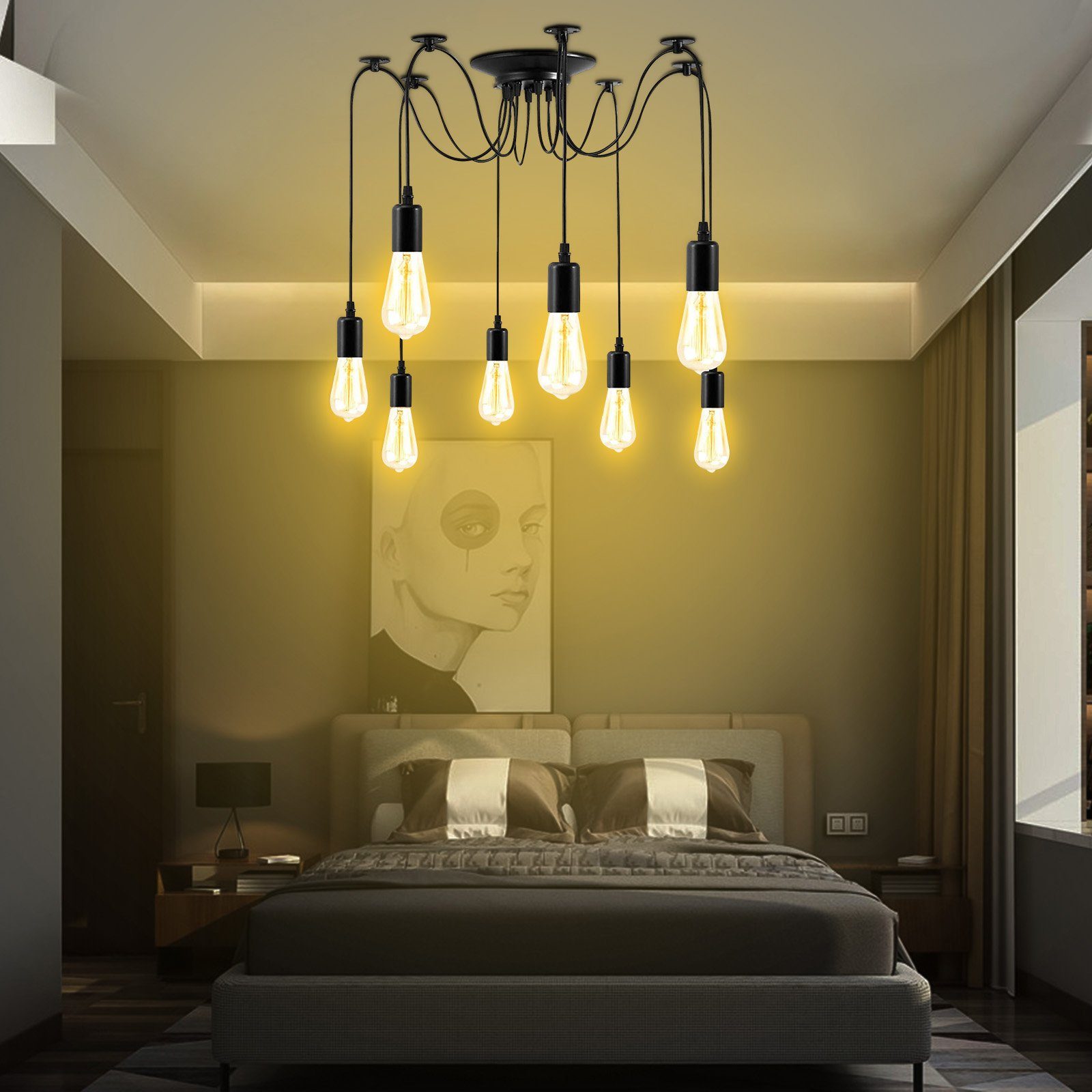 Rosnek LED Pendelleuchte 4/6/8/10-Köpfe, E27, Vintage, für Schlafzimmer Wohnzimmer Deko, DIY Spider-Deckenleuchte