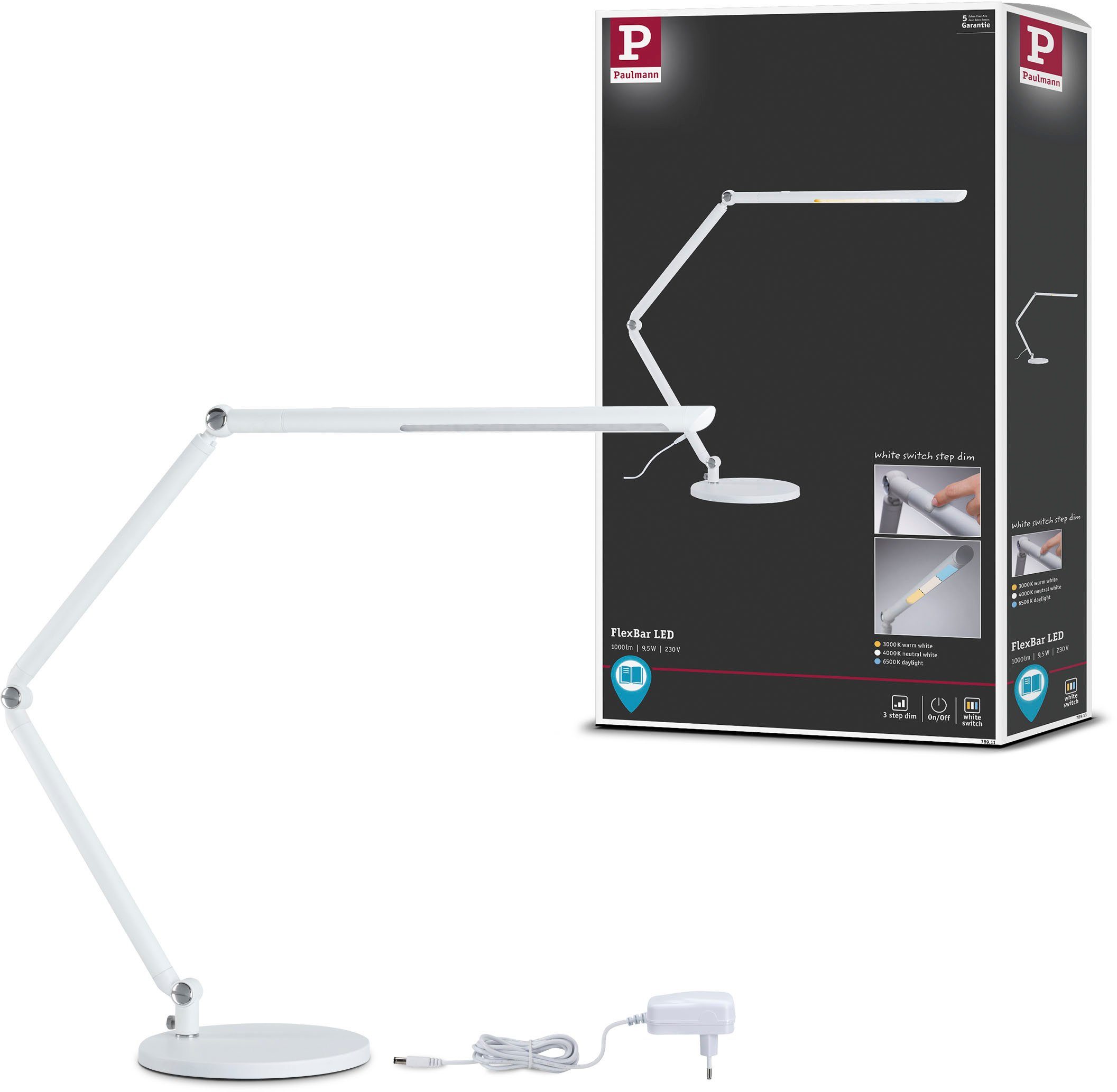 Paulmann LED Schreibtischlampe FlexBar Tageslichtweiß, LED 3-step-dimmbar integriert, fest 230V, Warmweiß