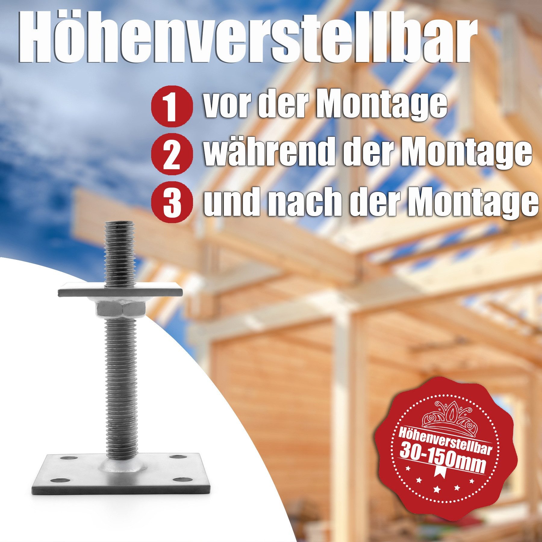 BigDean Pfostenträger Aufschraubbar Höhenverstellbar Verzinkt Korrosionsresistent, für 70mm Pfosten, Längen der Träger 30-150mm und 150-190mm, Aufschraubmontage, (Packung, 1-St., Pfostenträger), Flexibel höhenverstellbar, Praktische Aufschraubmontage, Verzinkt