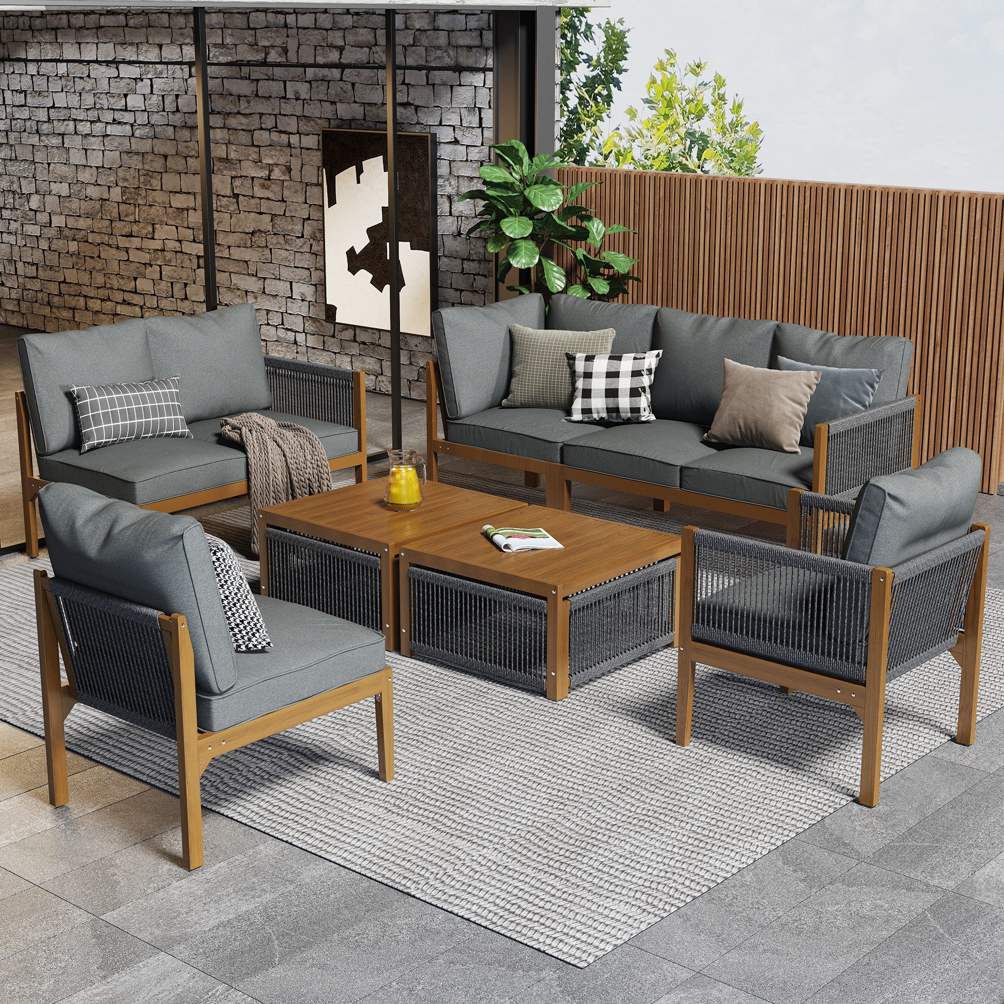 Ulife Gartenlounge-Set Gartenmöbel Set aus Akazie ür 7-8 Personen,Balkonset Seil Rope Lounge, (6-tlg), 1* 3-Sitzer Sofa, 1* 2-Sitzer Bank, 2* Stühle, 2* Couchtische