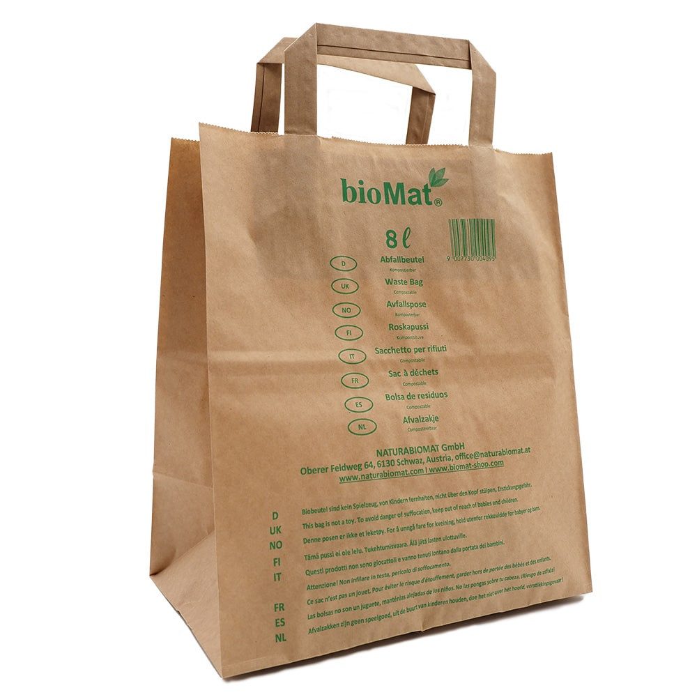 bioMat Müllbeutel bioMat 8l Papiertüten für Biomüll, Kraftpapier, mit Henkel, Nassfest