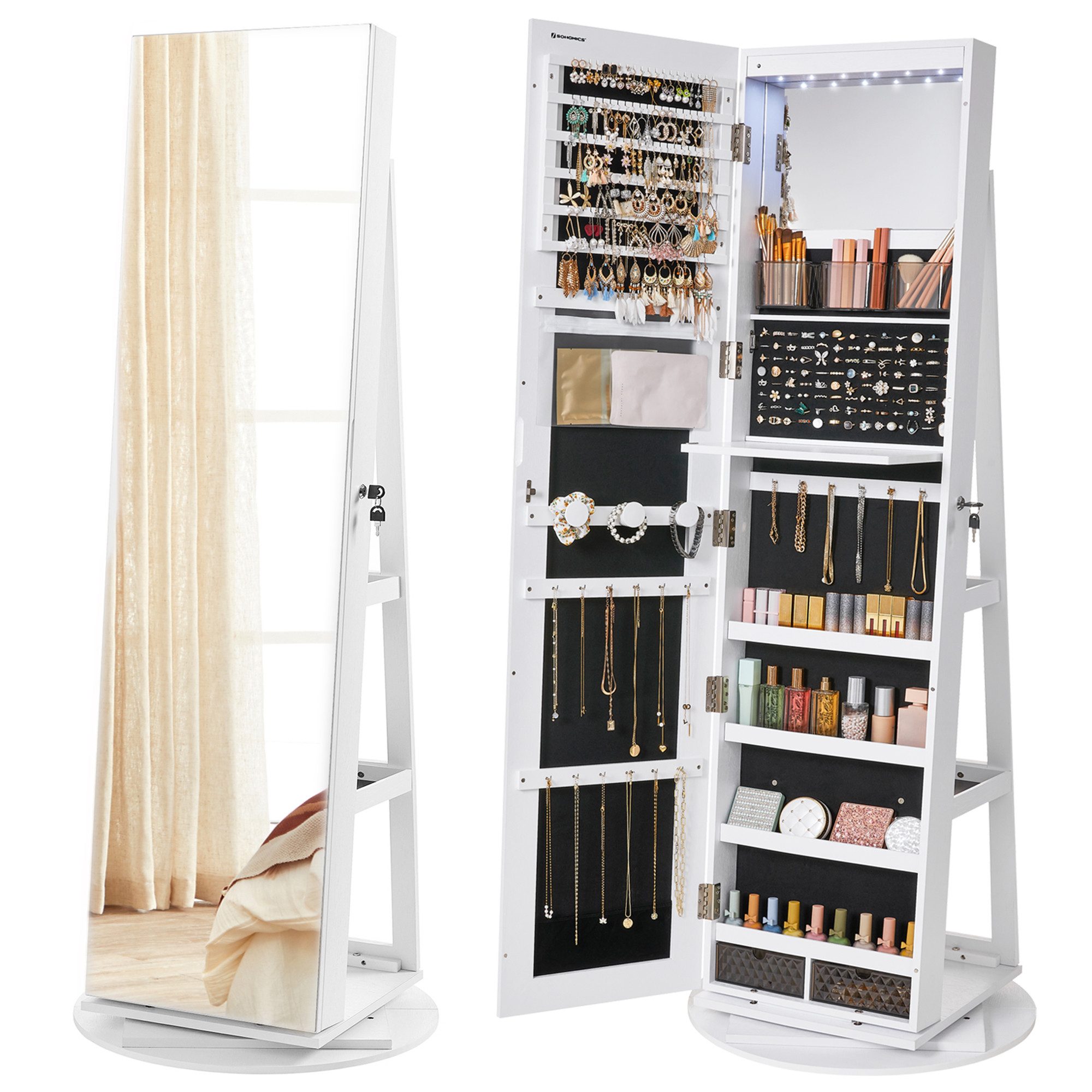 SONGMICS Schmuckschrank mit LED und Spiegel, 3 Ablagen, 360° drehbar, weiß günstig online kaufen