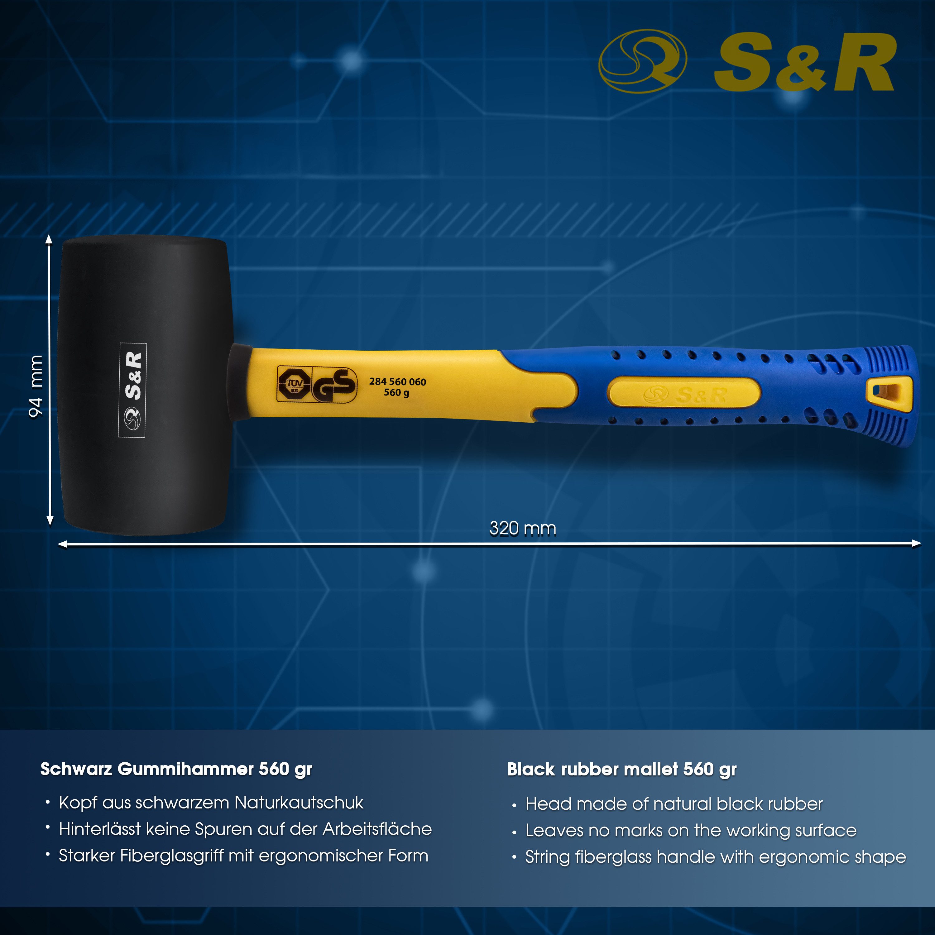 S&R Gummihammer Schwarz 560g aus Naturkautschuk mit stoßdämpfendem Fiberglasstiel (1-St), für Außenarbeiten zB. Pflastersteine, Fliesen, Camping - GS geprüft
