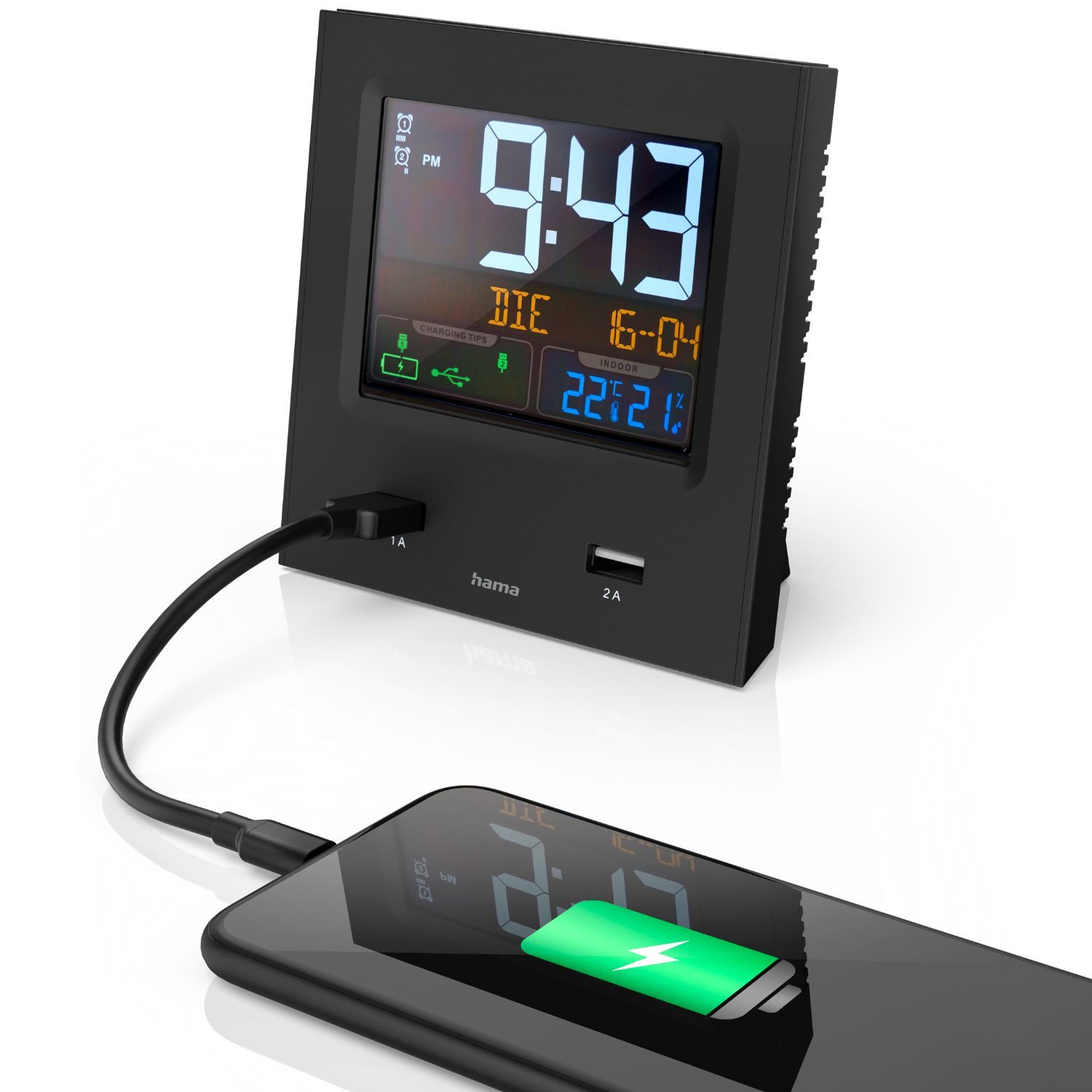 Hama Funkwecker Dual-USB Funkwecker DCF Funk Wecker Digital Funkuhr lautlos Dual Alarm Clock Datum Temperatur-Anzeige Ladegerät