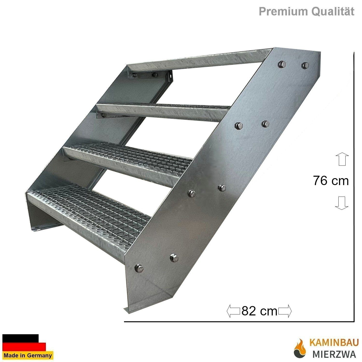 Kaminbau Mierzwa Außentreppe Premium Treppe Verzinkt, für Geschosshöhen bis 76 cm, Stufen Gitterroststufen nach DIN 24531, (Höhe 76 cm, Breite wählbar aus 60, 80, 100, 120, 140 cm), Gartentreppe Stahltreppe Wetterfest Rostfrei Feuer-Verzinkt Rutschfest