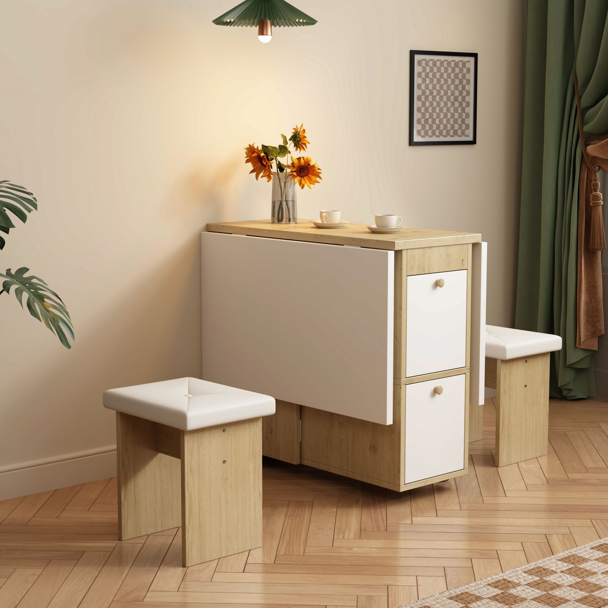 Flieks Essgruppe, (Set, 5-tlg., klappbar Tisch 33~120*80*75cm mit 2 Schublade), ausziehbar Esstisch mit 4er Esszimmerstühle Kunstleder Set Sitzgruppe