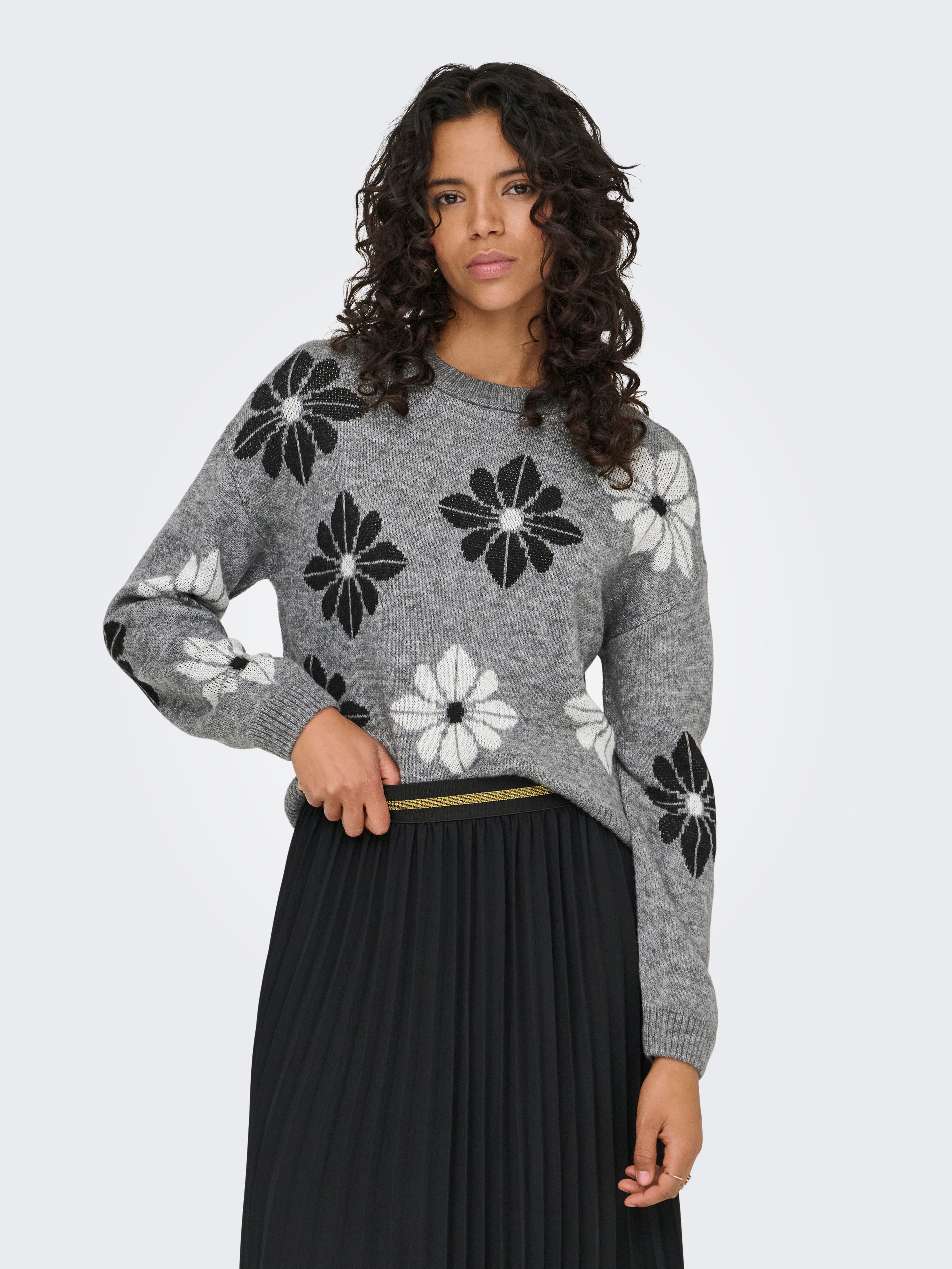 ONLY Rundhalspullover ONLFREESIA LS FLOWER O-NECK RP KNT mit Blümchen - Str günstig online kaufen