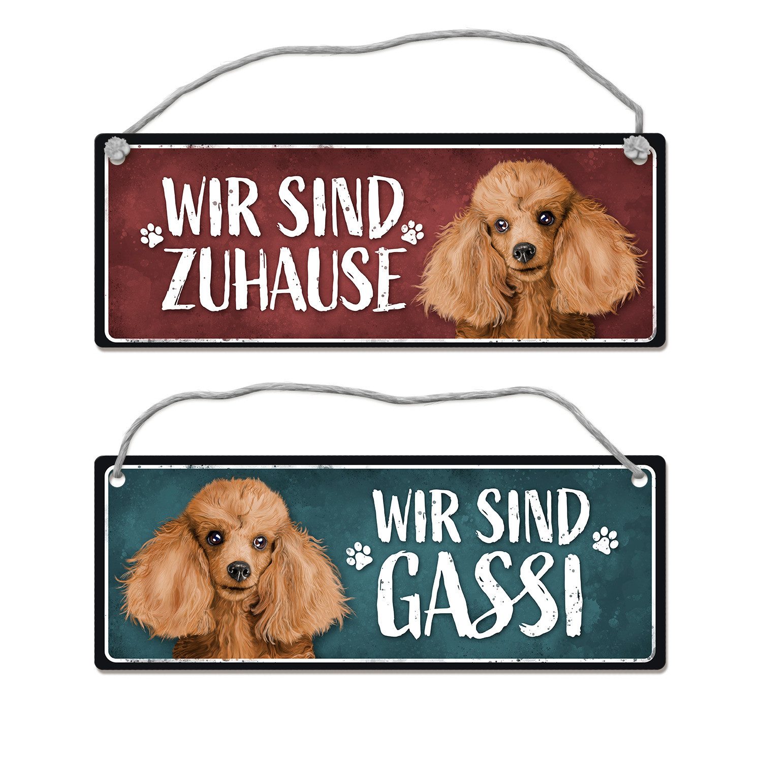 Metallschild Wir sind Gassi/Zuhause Pudel Wendeschild mit Kordel Schild Türschild