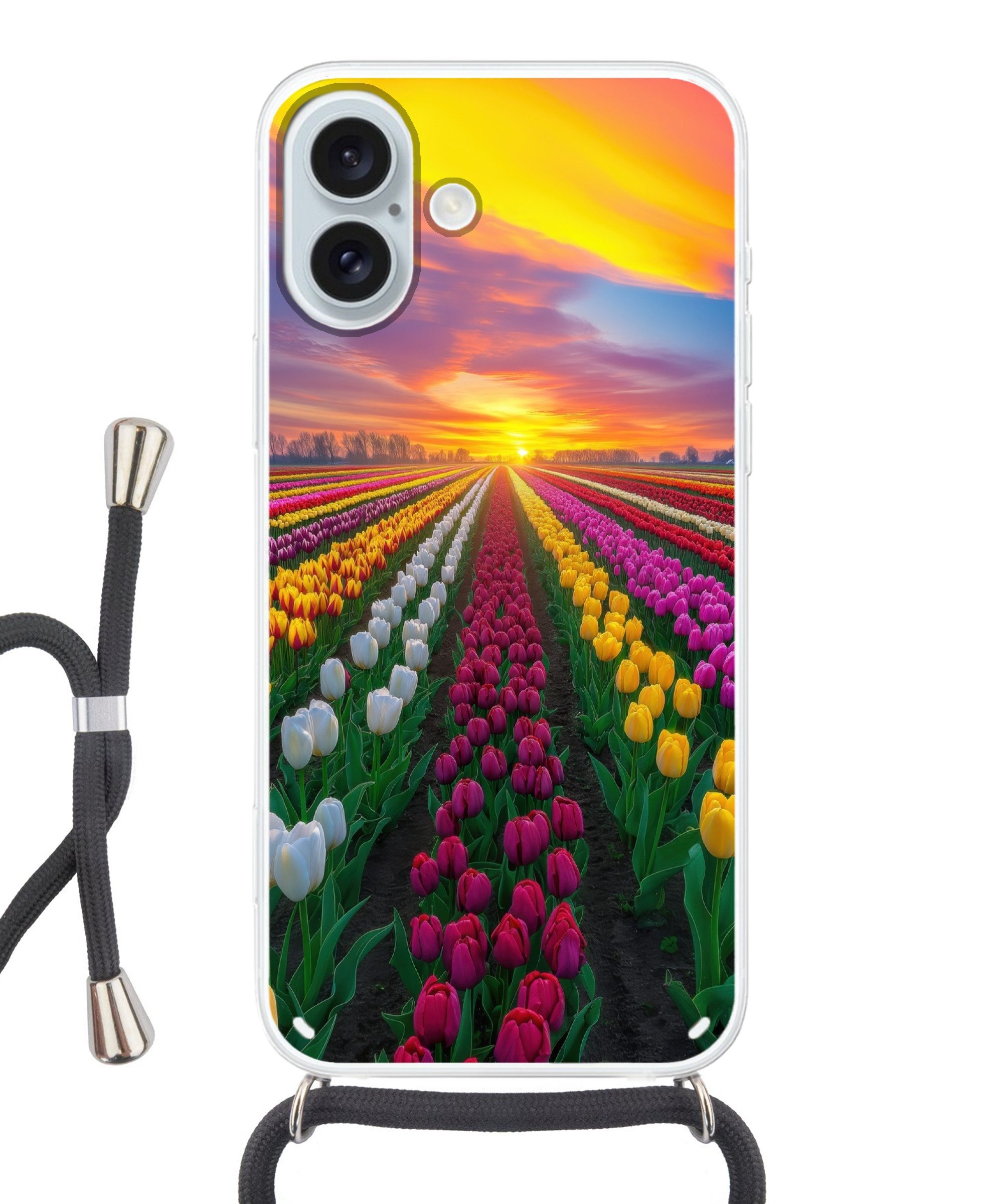 MuchoWow Handyhülle für Apple iPhone 16 Plus Tulpenfeld - Sonnenuntergang - Farbenfroh, Tragbare Handyhüllen mit Kette zum umhängen, Handykette Handyband
