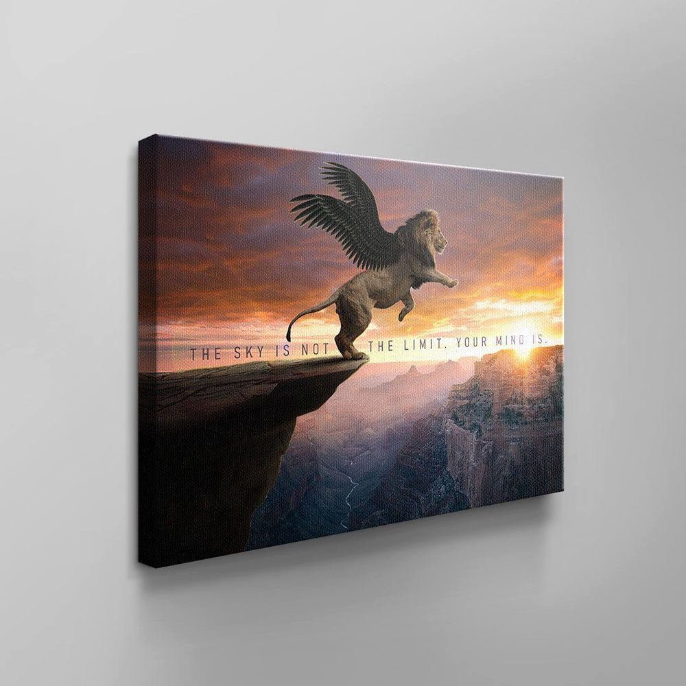 DOTCOMCANVAS® Leinwandbild, Wandbild motivierend himmel denkweise zitat löwe b flügel Rahmen schwarzer fliegender