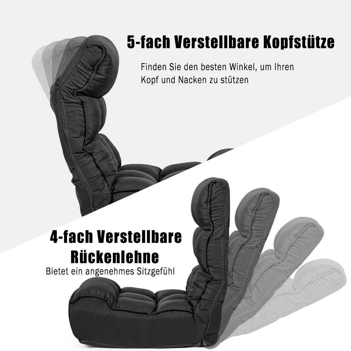 COSTWAY Rückenlehne&Kopfstütze, Schwarz verstellbare 140kg klappbar, Relaxsessel,