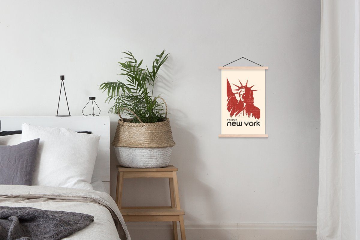 Freiheitsstatue Wohnzimmer, MuchoWow Magnetisch York - Rot, - Poster New für St), Textilposter Posterleiste, (1 Bilderleiste,