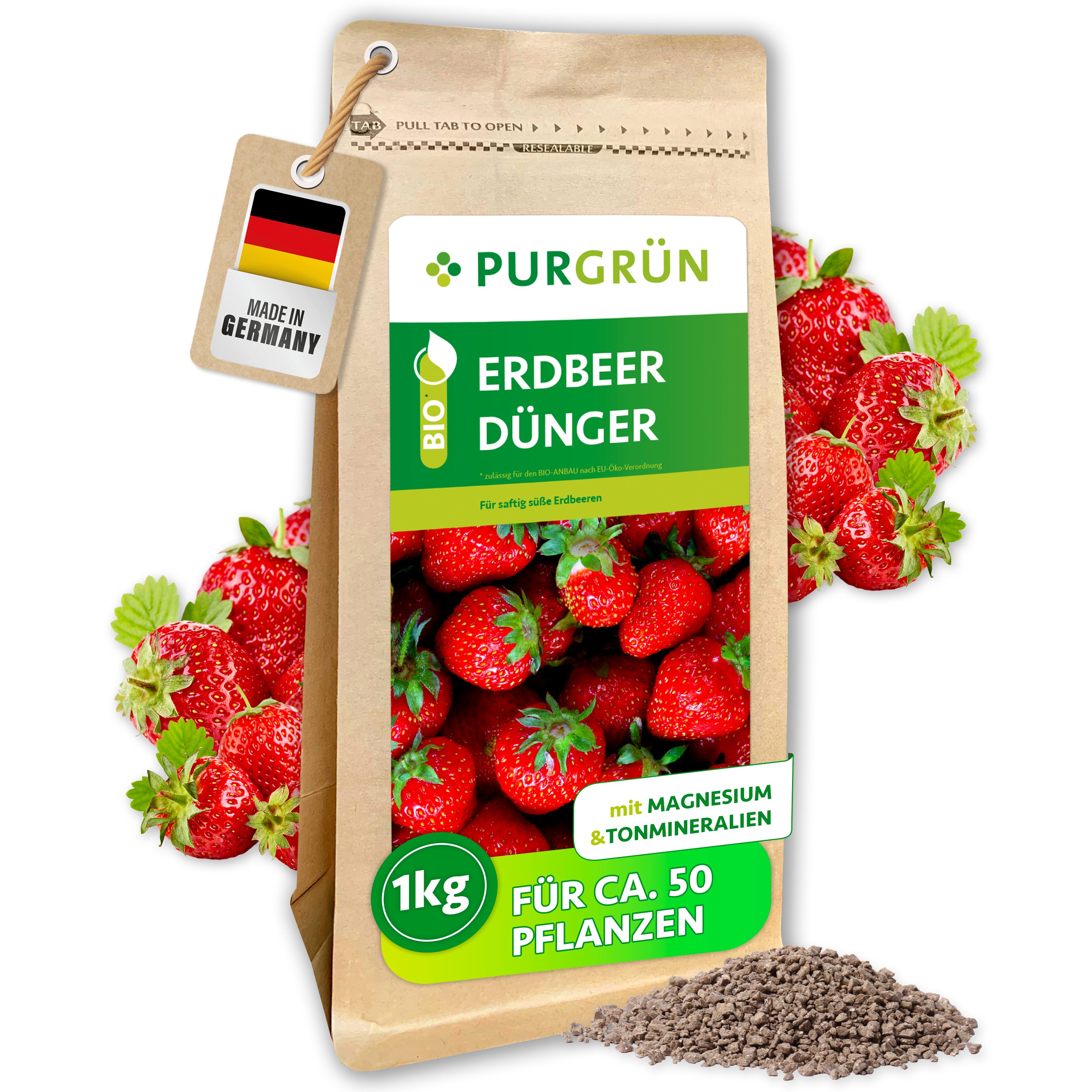 Purgrün Obstdünger Bio Erdbeerdünger, NPK 6+3+8, Magnesium, 1 kg, Granulat, 1-St., 1 kg