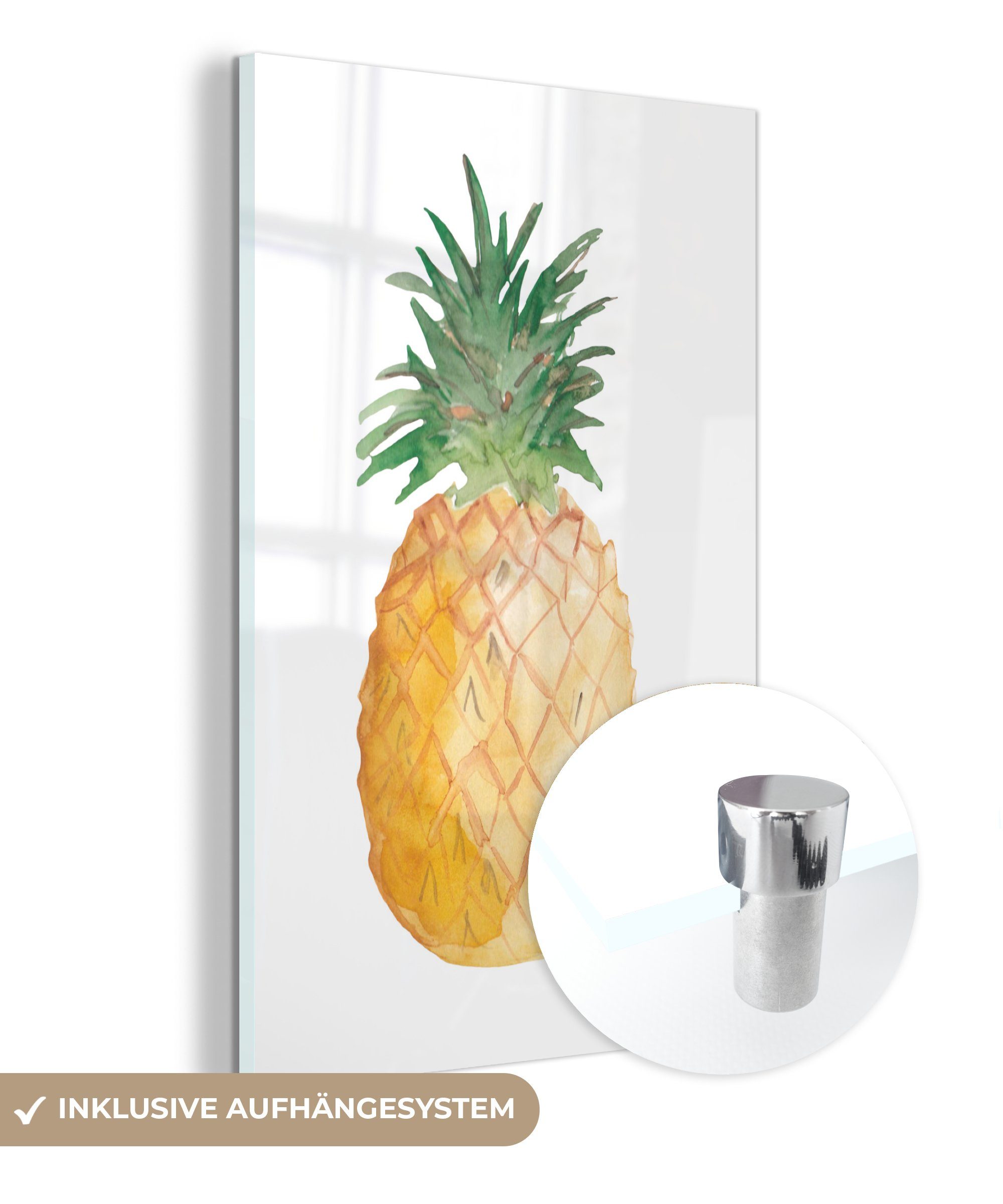 MuchoWow Acrylglasbild Ananas - Aquarell - Weiß, (1 St), Glasbilder - Bilder auf Glas Wandbild - Foto auf Glas - Wanddekoration