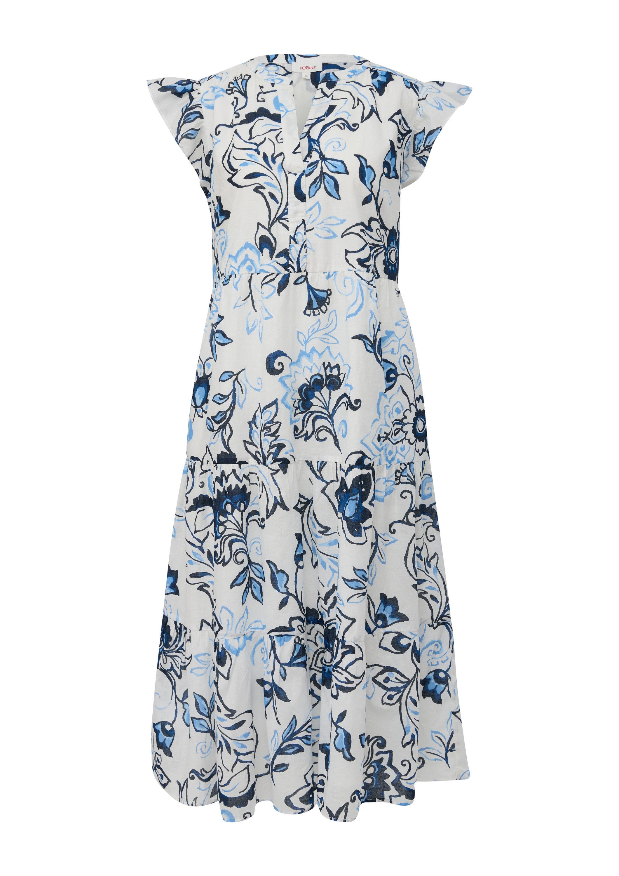 s.Oliver Midikleid Kleid Gemustertes Midikleid mit Raffung und Eingrifftaschen