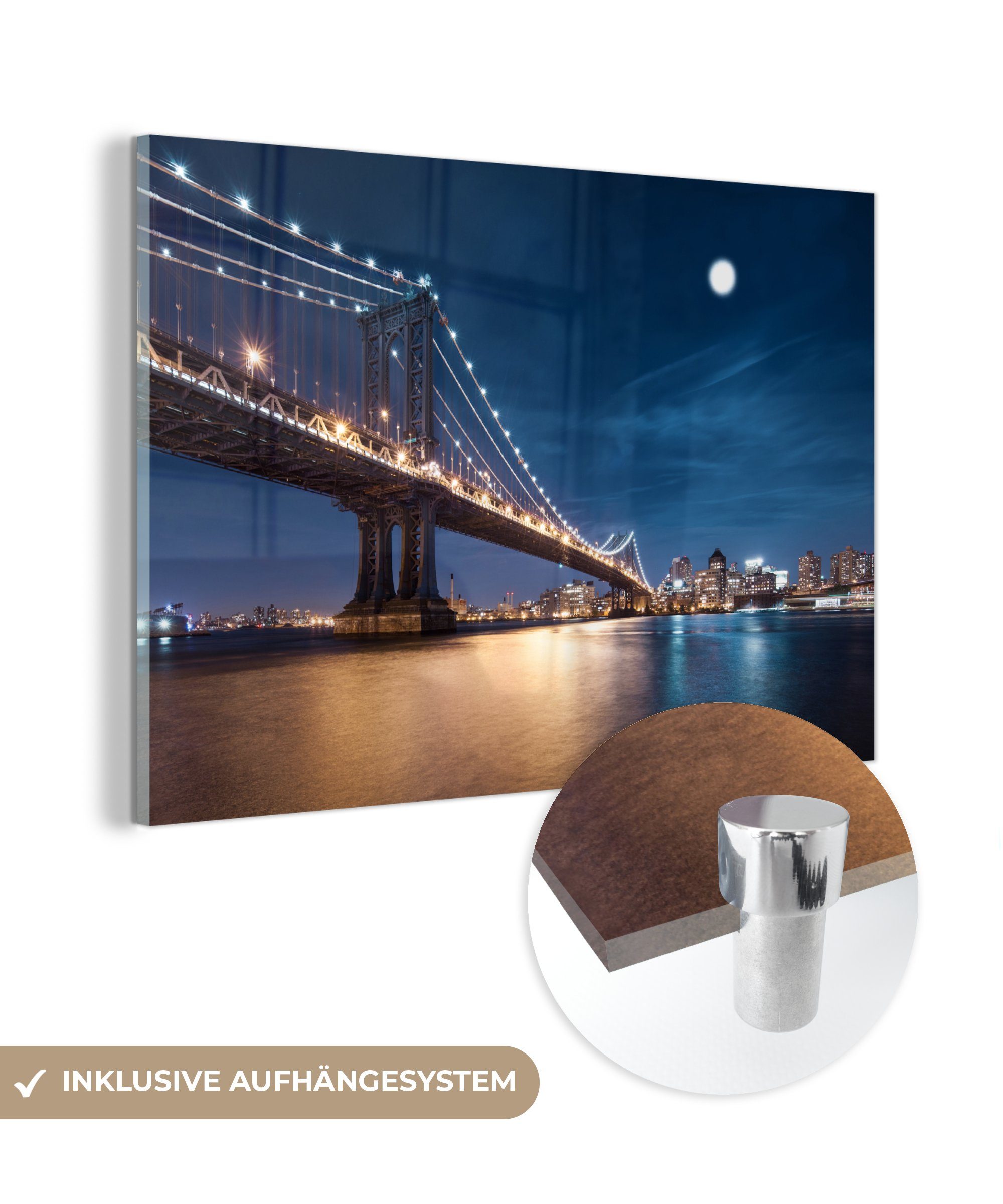MuchoWow Acrylglasbild New York - Brooklyn-Brücke - Mond, (1 St), Glasbilder - Bilder auf Glas Wandbild - Foto auf Glas - Wanddekoration