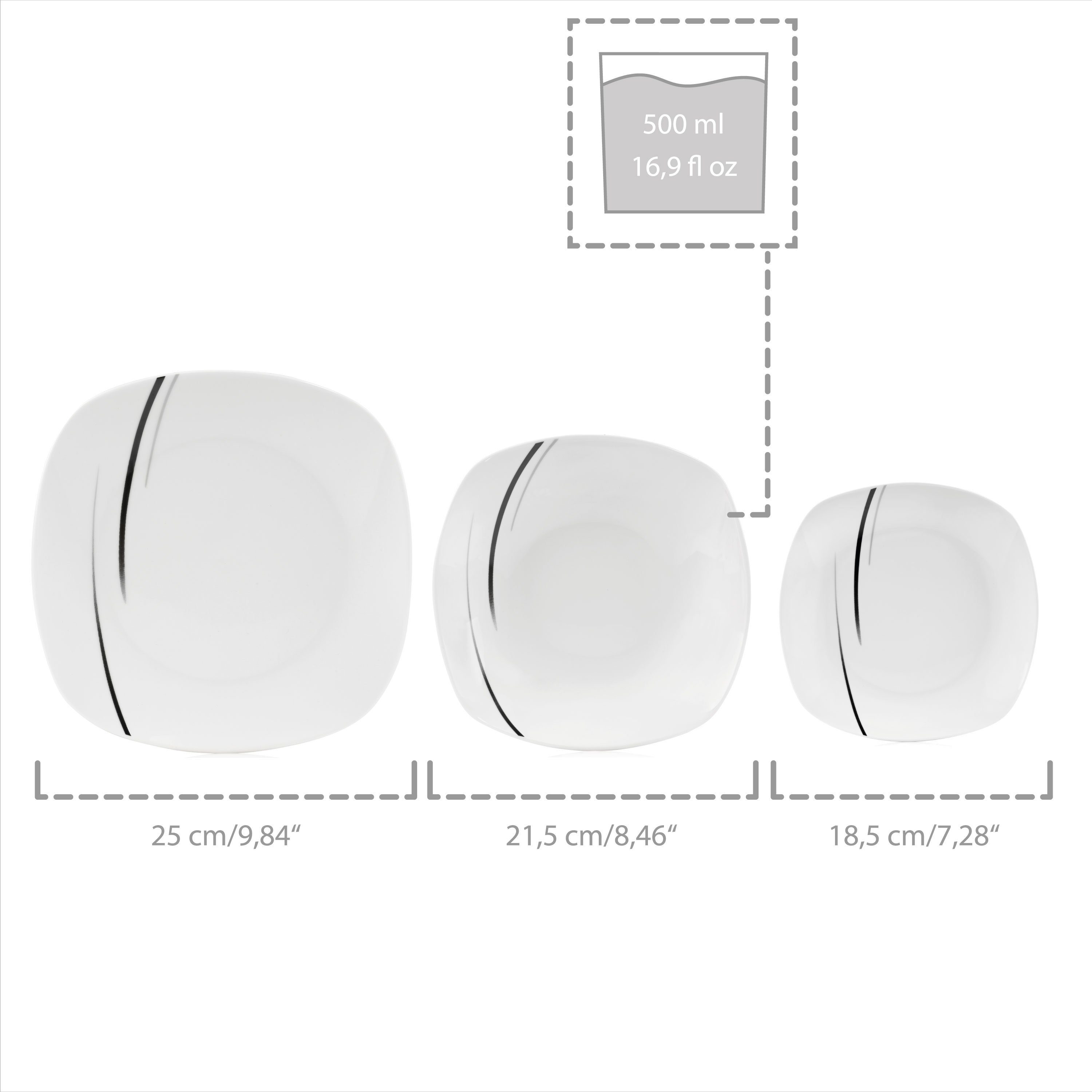 SÄNGER Kombiservice Bilgola Black Lines Geschirrset, Weiß (24-tlg), 6 Personen, Porzellan, Weiß mit schwarzen Akzenten, Premium Collection