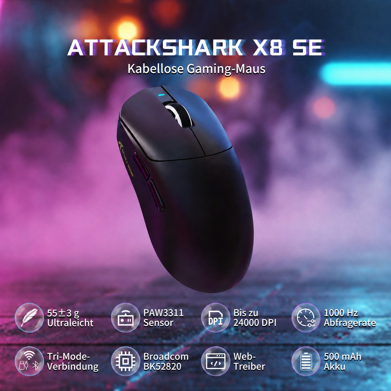 ATTACK SHARK X8SE Kabellose Maus,55 g ultraleicht,ür große Hände,80 Mio. Klicks Gaming-Maus (2.4Ghz, Bluetooth, USB-C, 25.000 DPI.Ultra-Light)
