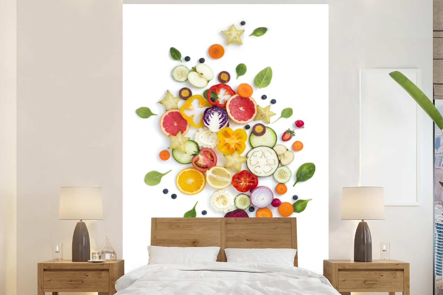 MuchoWow Fototapete Obst - Gemüse - Weiß, Matt, bedruckt, (3 St), Montagefertig Vinyl Tapete für Wohnzimmer, Wandtapete | Fototapeten