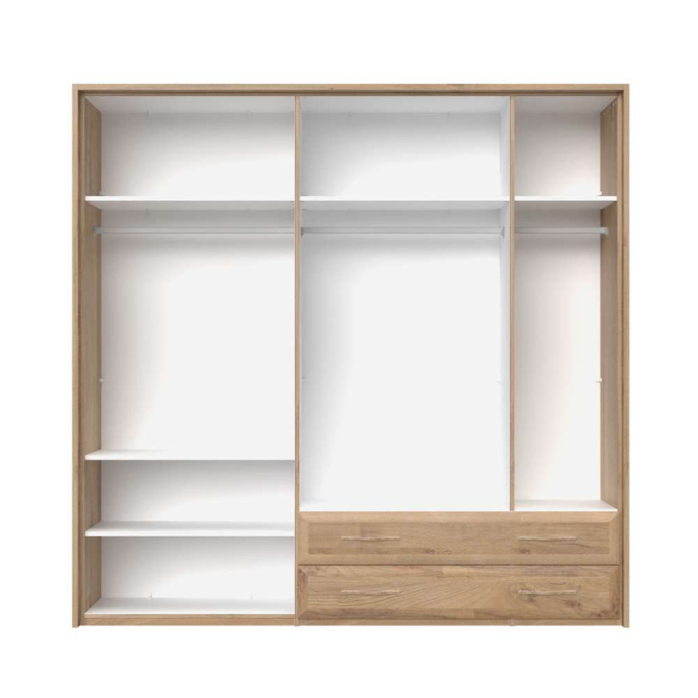 OTTO home Kleiderschrank Gala, beige hochglänzend UV lackiert, kratzfest, FSC-zertifiziert (abgerundete Schubladen aus MDF im Holzdekor, soft-close) mit Beleuchtung und Passpartourahmen, hoher Schrank (224cm), 3 Breiten