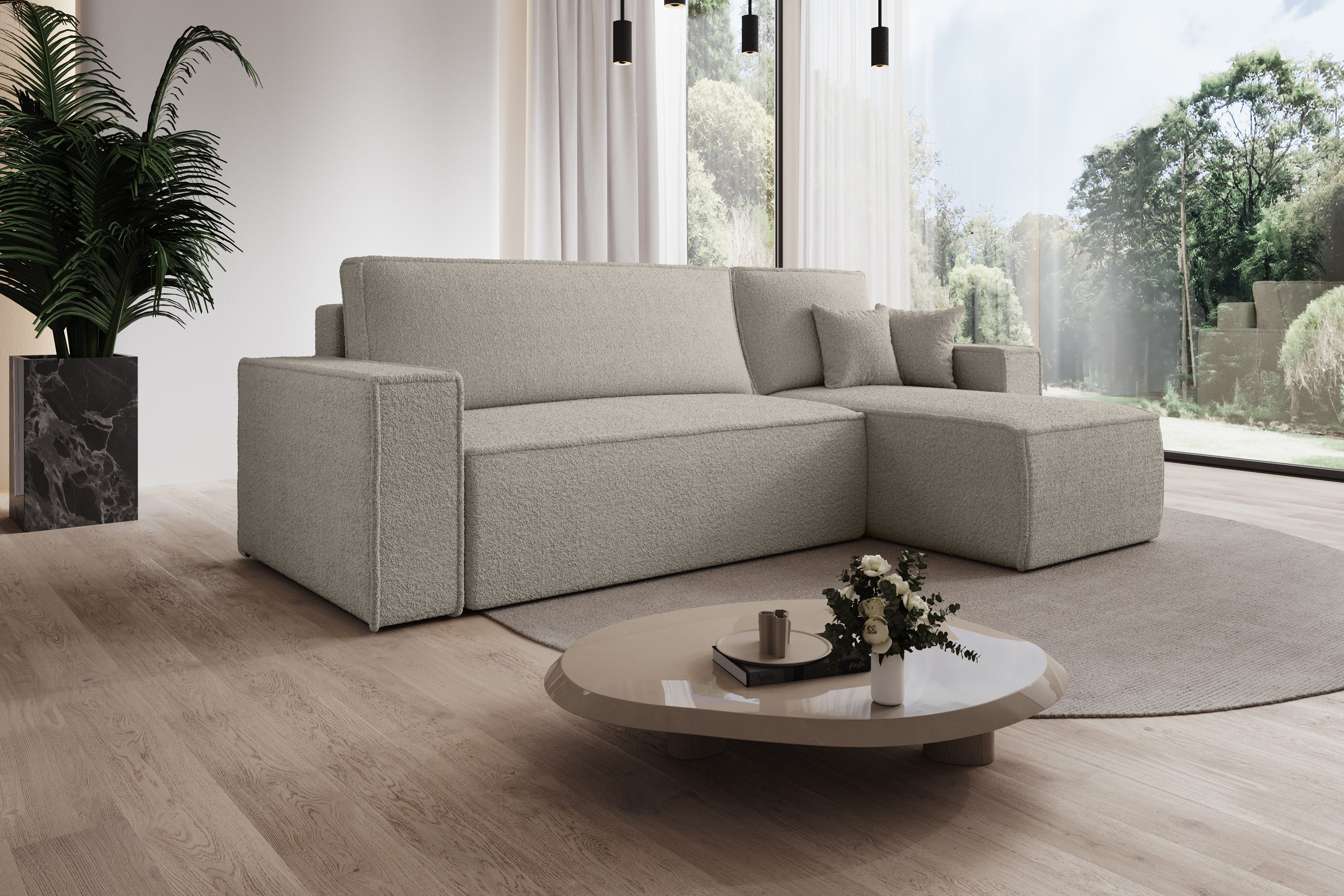 thematys Ecksofa mit Schlaffunktion und Bettkasten, L-Form, Cord und Bouclé + 2 Kissen, 244 x 145cm - Luxus Couch mit Bettfunktion mit Bonnellfedern
