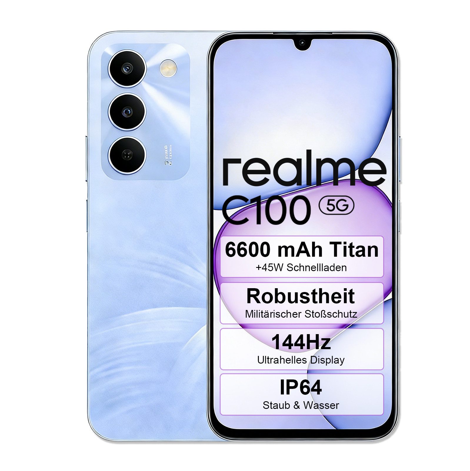 Realme Realme C100 5G – 6,8" HD+ 144Hz Display, 6600mAh Akku, 50MP Kamera Smartphone (128 GB Speicherplatz, 50 MP Kamera, NFC, kontaktloses Bezahlen)