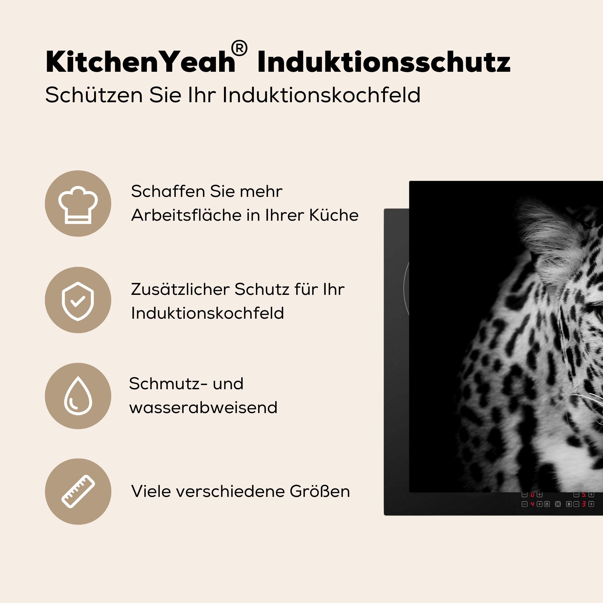 Herdblende-/Abdeckplatte 81x52 tlg), Tiere für - Weiß cm, (1 - Schwarz - Vinyl, MuchoWow küche Panther Arbeitsplatte Porträt, - Ceranfeldabdeckung,