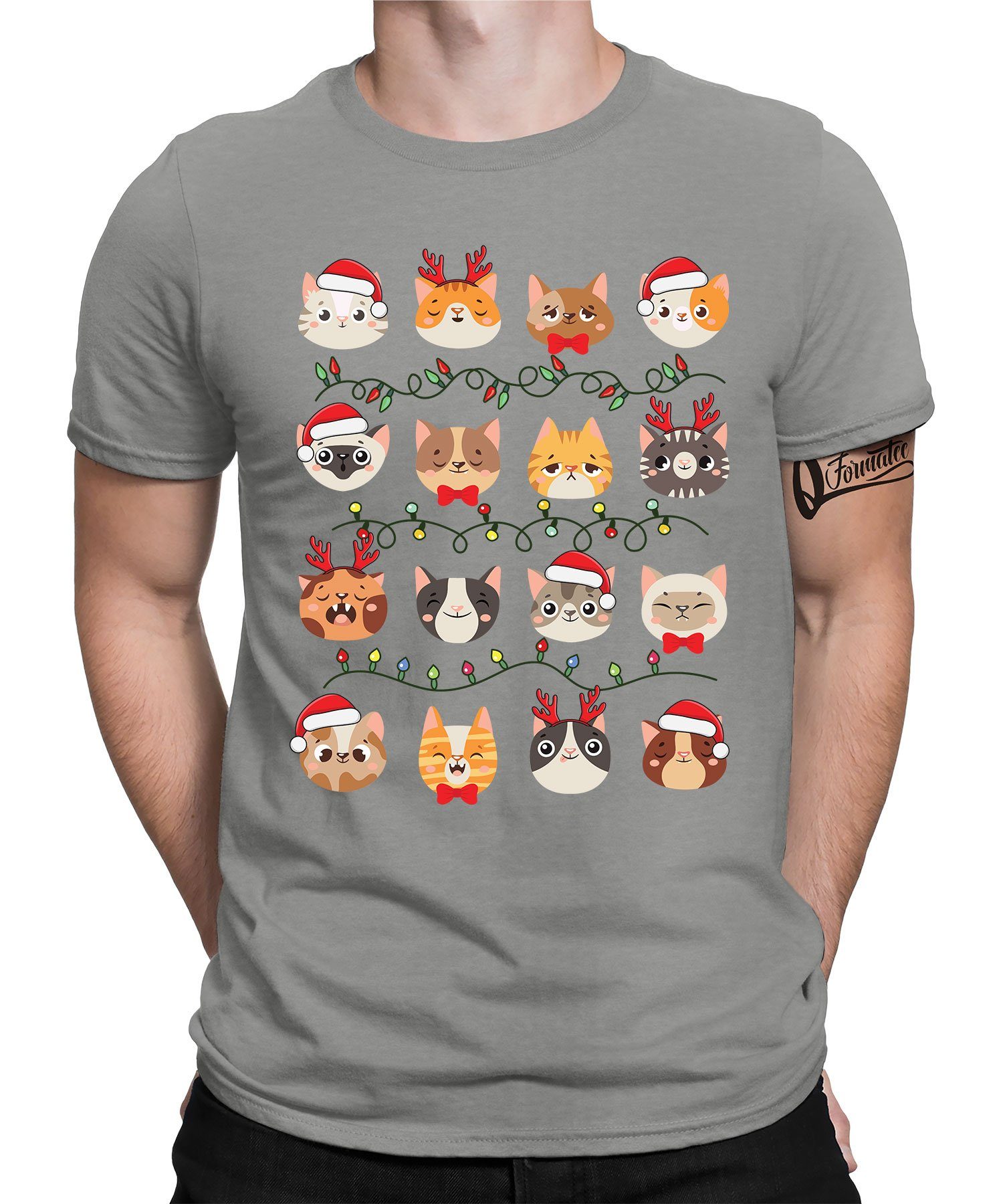 X-mas Heather Weihnachten Katzen - Grau Quattro Herren Christmas Lichterkette Kurzarmshirt T-Shirt (1-tlg) Formatee