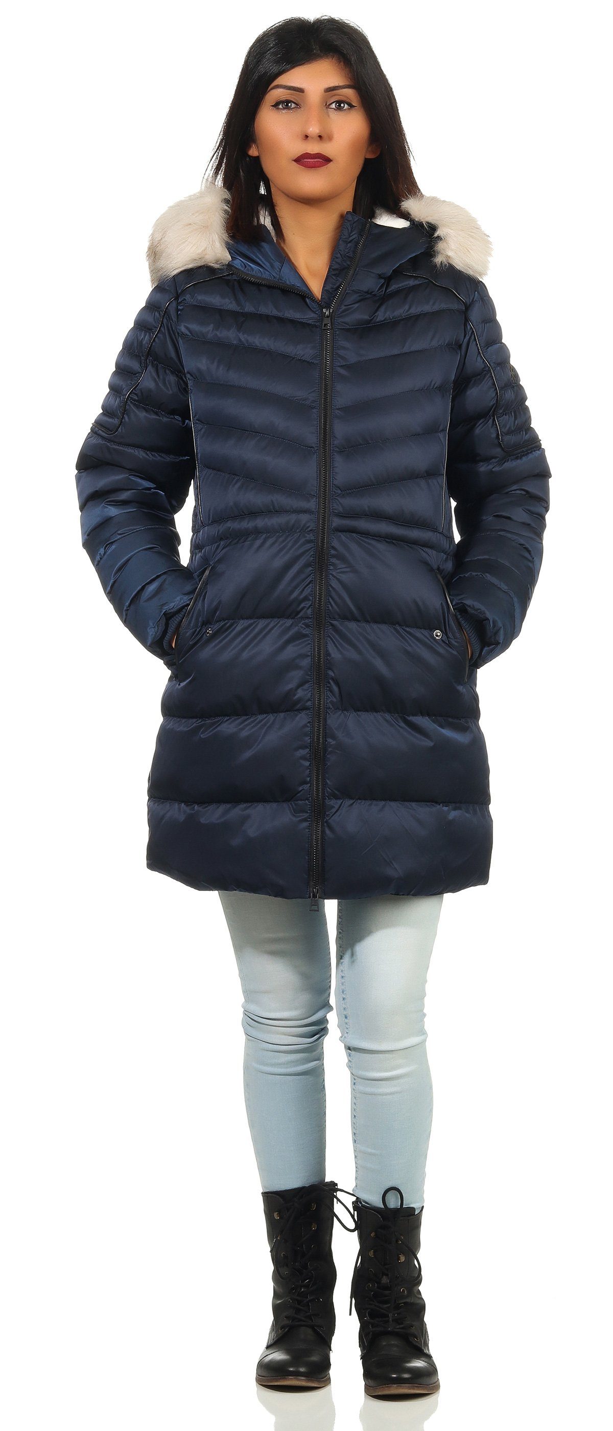 Geographical Norway Winterjacke Damen Outdoor Jacke Steppjacke Konisch geschnitten in Unifarbe, mit flauschiger Kapuze