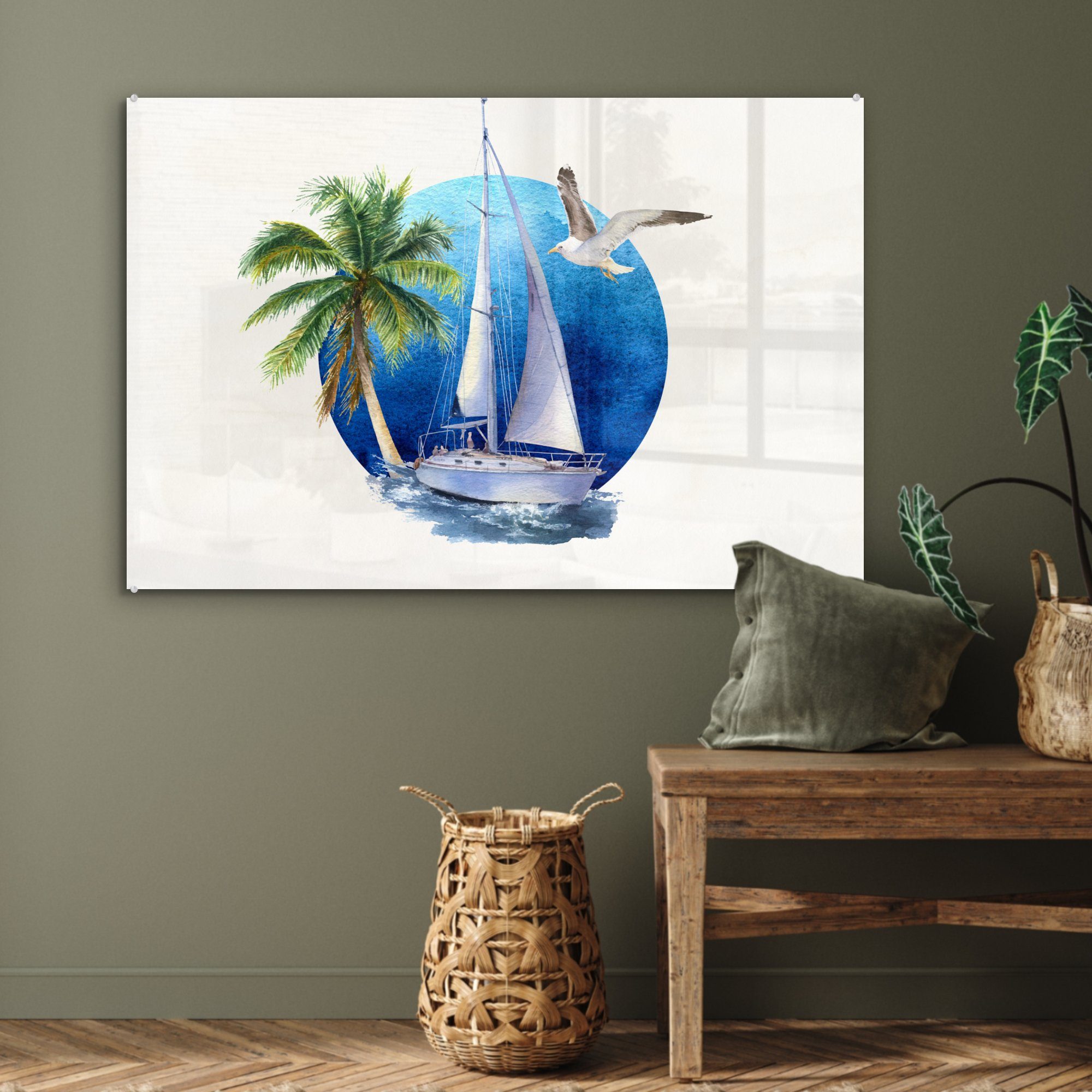 Schlafzimmer - Palme - Acrylglasbild St), (1 Segelboot Acrylglasbilder Vogel MuchoWow Meer, & - Wohnzimmer