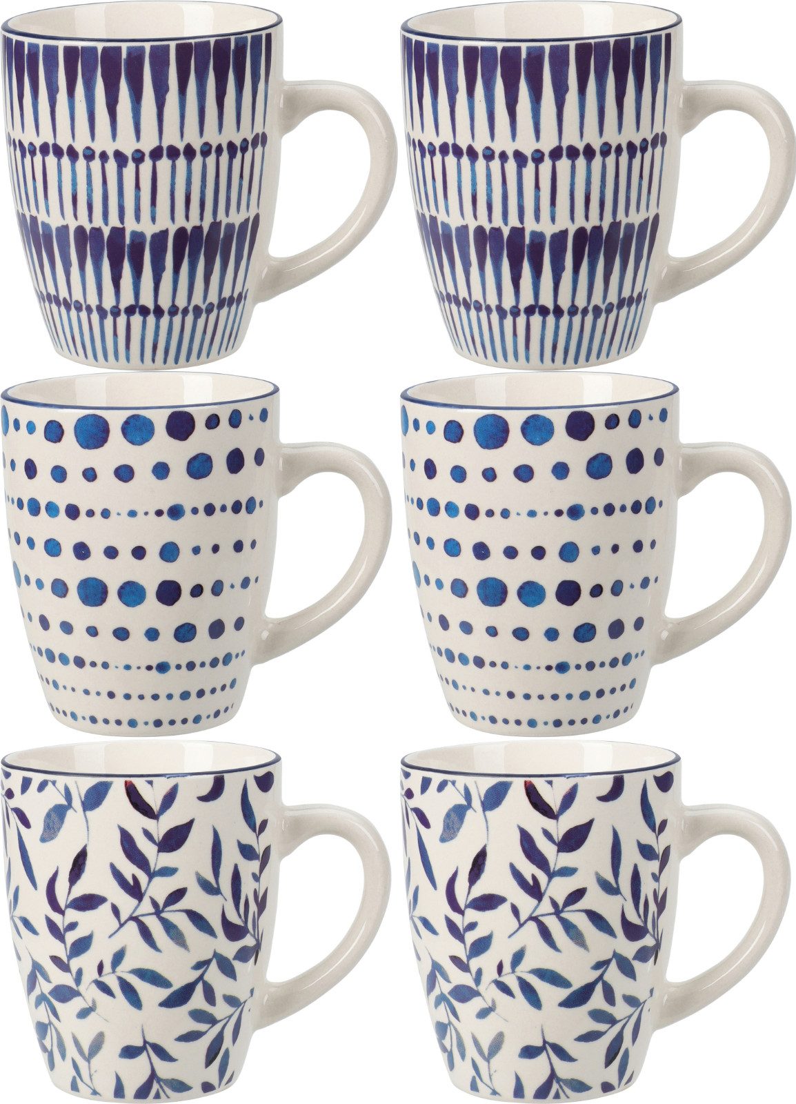 Koopman Tasse Weiß, Porzellan, 6er Set, je 200ml, Porzellan, 3 Muster, Geschirr