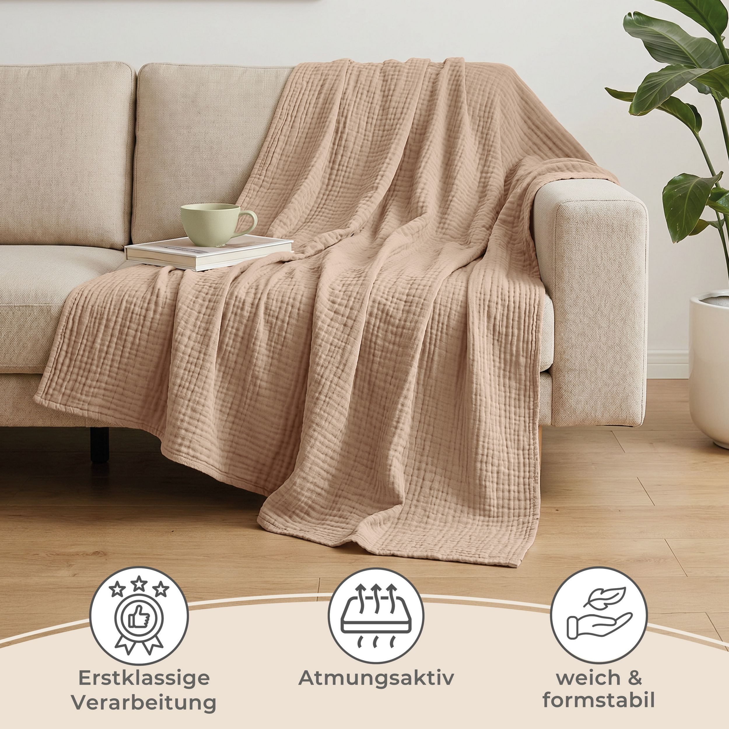 Laynenburg Tagesdecke Musselin aus 100% Baumwolle – Baumwolldecke, Kuscheldecke, Wohndecke als Sommerdecke, Bett-Überwurf, Couch-Überwurf, Sofa-Decke – Bild 5 von 5