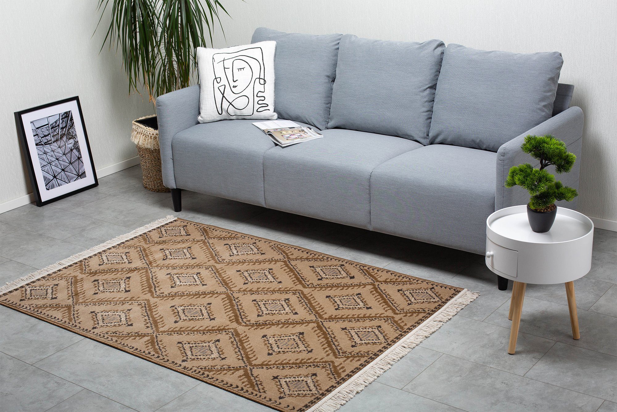 LUIS Ethno-Stil flexibel Beige-Braun, faltbar im Wohnzimmer/Schlafzimmer/Esszimmer, für Teppich Fransenteppich DomDeco recycelte Baumwolle Kunstfaser, & - und