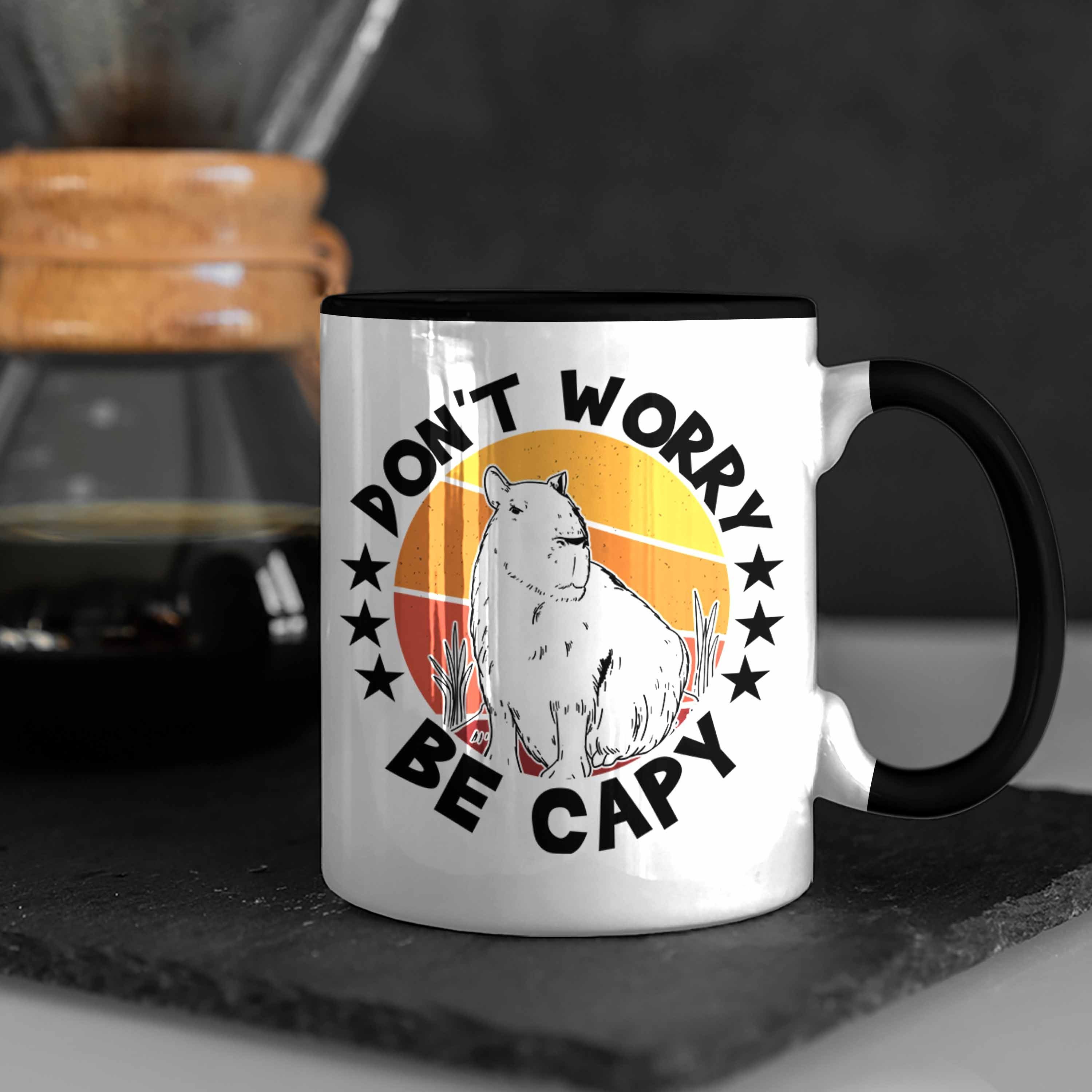 Trendation Tasse Don't Capyb Be Schwarz für Kaffeetasse Geschenk Tasse Worry Capybara Tier Capy