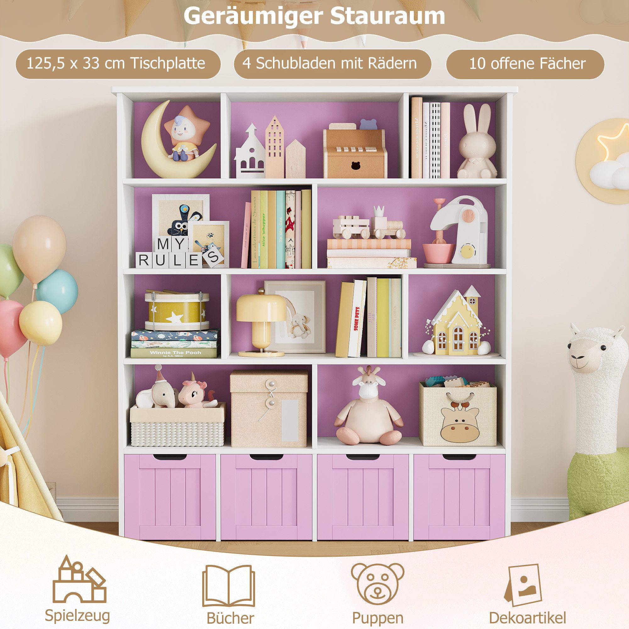 Homfa Kinderregal mit 4 Spielzeugkisten auf Rollen, Spielzeugregal mit 10 offenen Fächern Spielzeugtruhe 125x146x33cm weiß – Bild 4 von 5