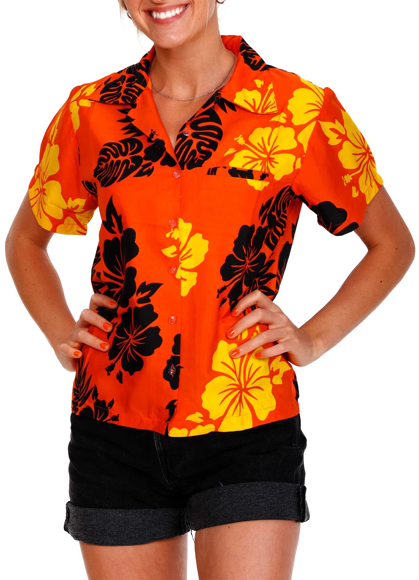 King Kameha Hawaiihemd Mono Hibiscus Funky Hawaiibluse Damen Kurzarm Front-Tasche Stylish