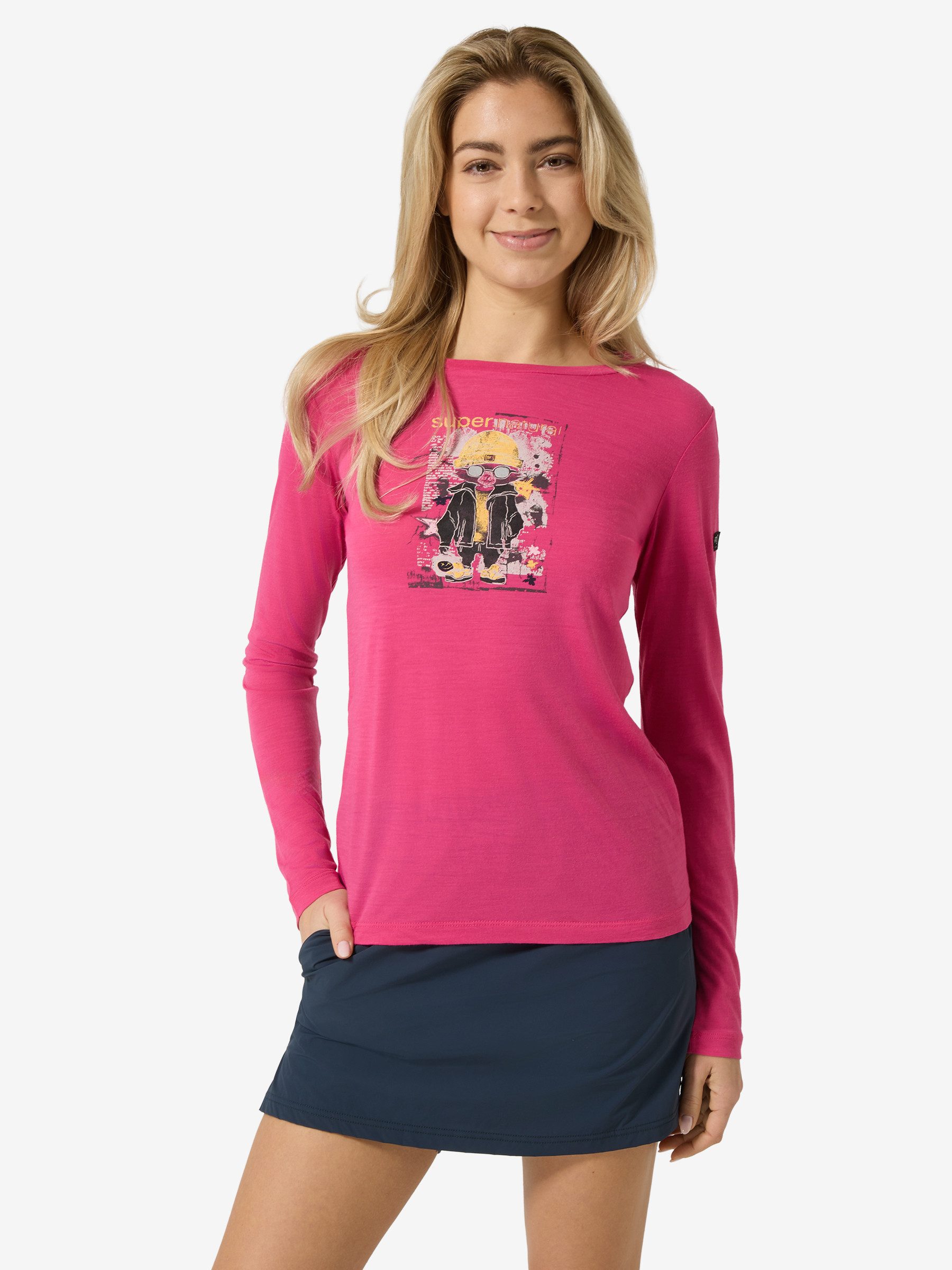 SUPER.NATURAL Langarmshirt für Damen,Merino W CRAZY MOUSE LS mit Aufdruck, autmungsaktiv