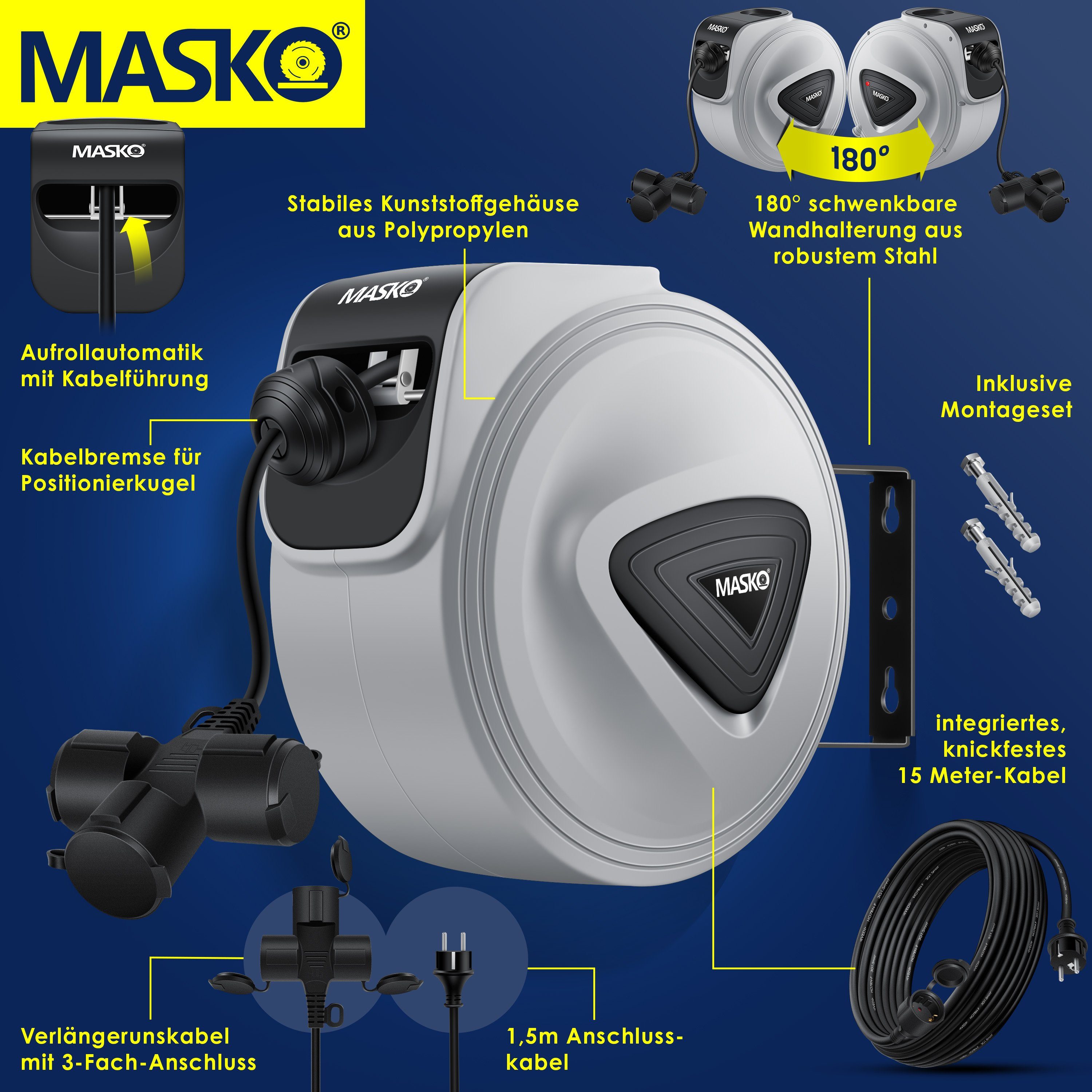 MASKO Verlängerungskabel, (15 cm), Automatik Kabeltrommel Verlängerungskabel mit 3-Fach Anschluss