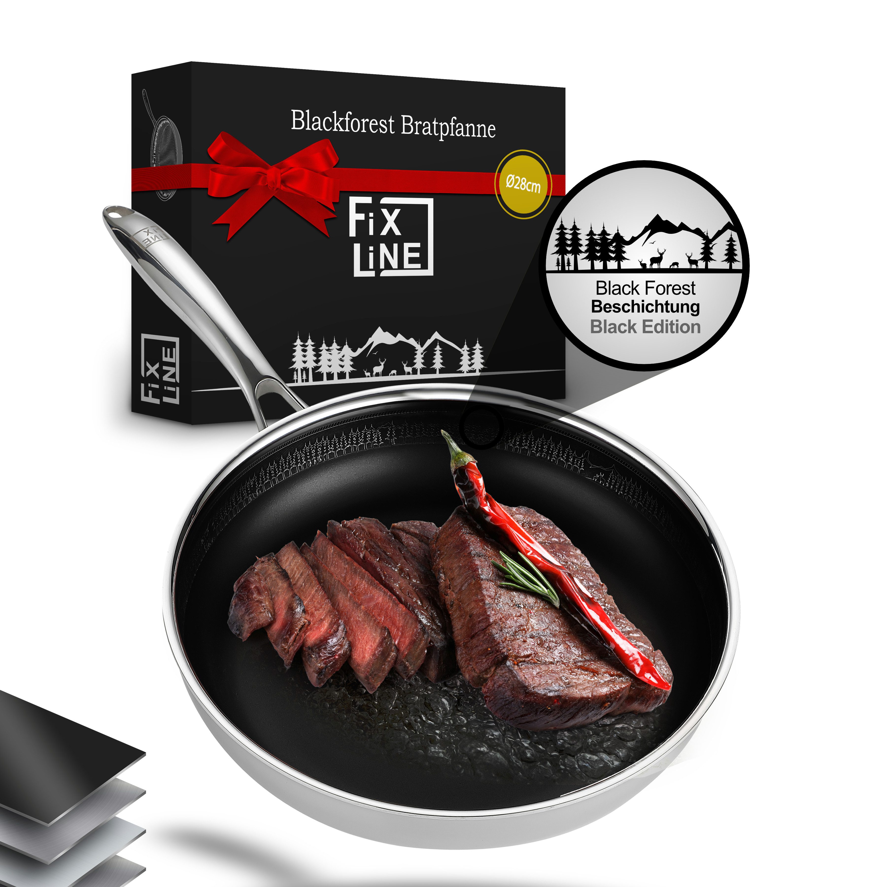 FIXLINE Schmorpfanne 28cm Black Forest Edition Beschichtet und einfache Reinigung, Edelstahl (Einzel, 1 Pfanne), Lieblingspfanne in deiner Küche