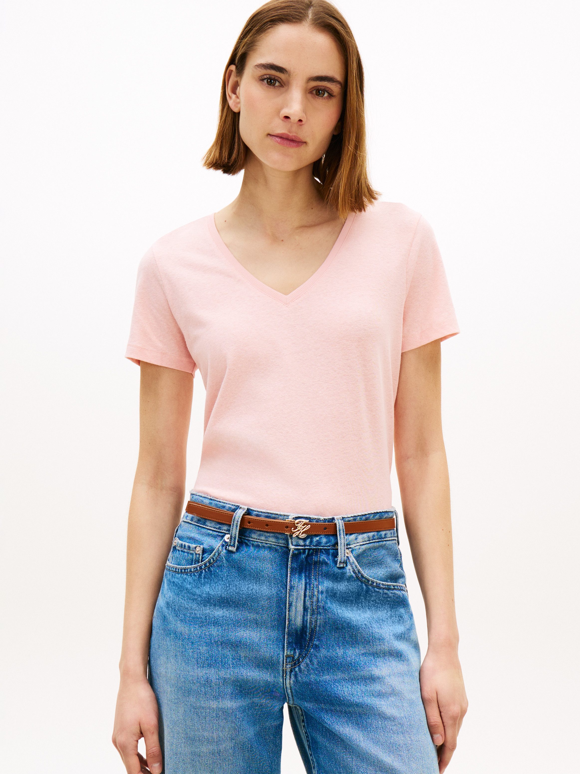 Tommy Hilfiger Kurzarmshirt CO LINEN V-NECK SHORT SLEEVE TEE mit V-Ausschnitt, Regular Fit
