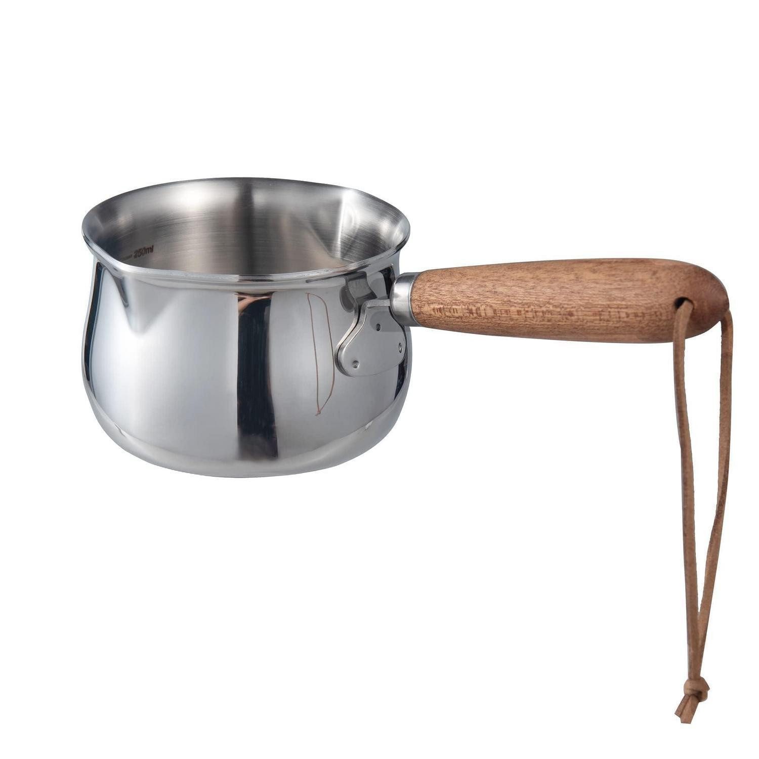 LuxusKollektion Milchtopf Edelstahl Butterwärmer m. Holzgriff 250ml Doppelausguss