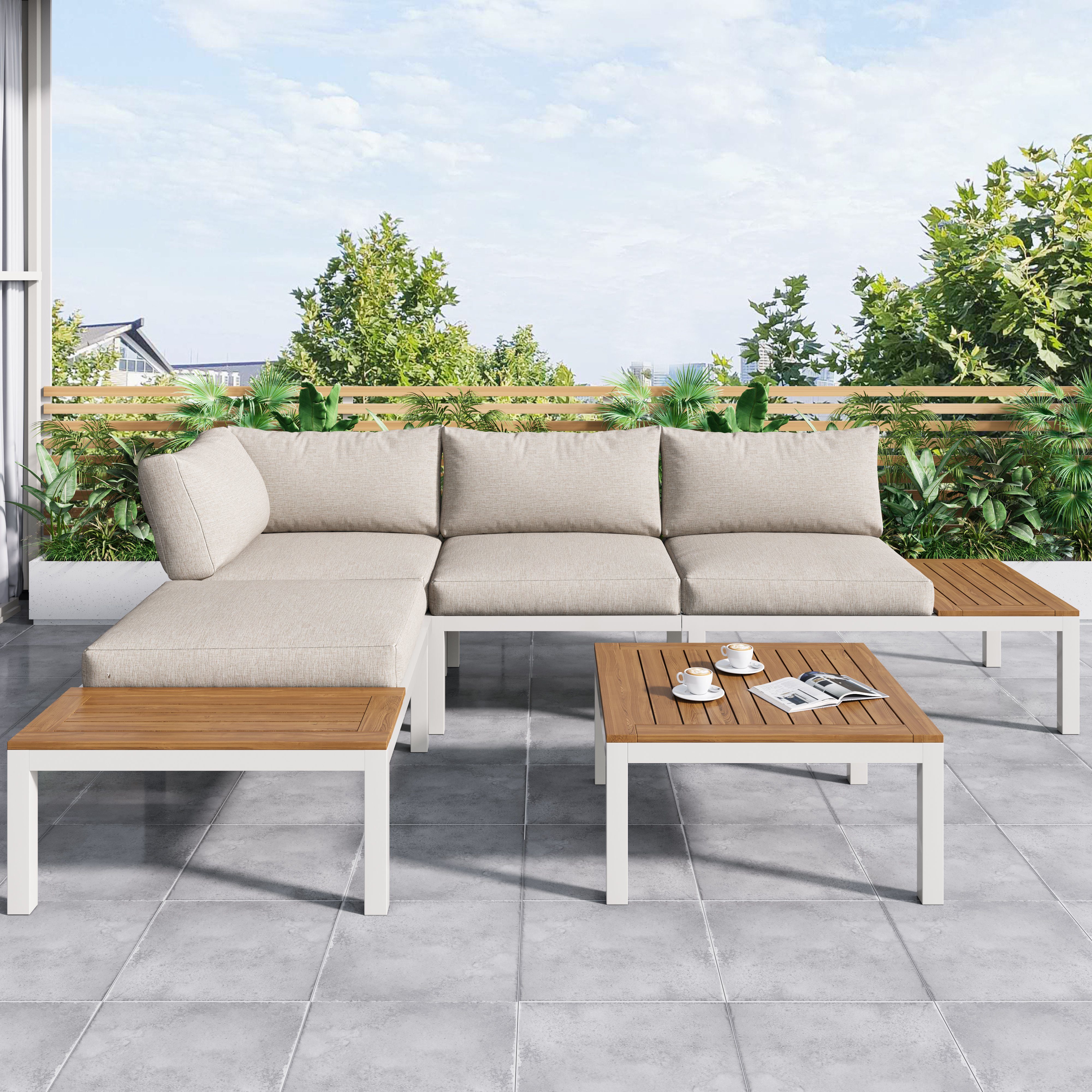 Celya Gartenlounge-Set 2x 2-Sitzer-Sofa, 2x Beistelltisch, 1x Tisch, Wetterfest Lounge Set