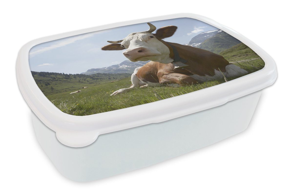 MuchoWow Lunchbox Kuh - Berg - Gras, Kunststoff, (2-tlg), Brotbox für Kinder und Erwachsene, Brotdose, für Jungs und Mädchen weiß | Lunchboxen