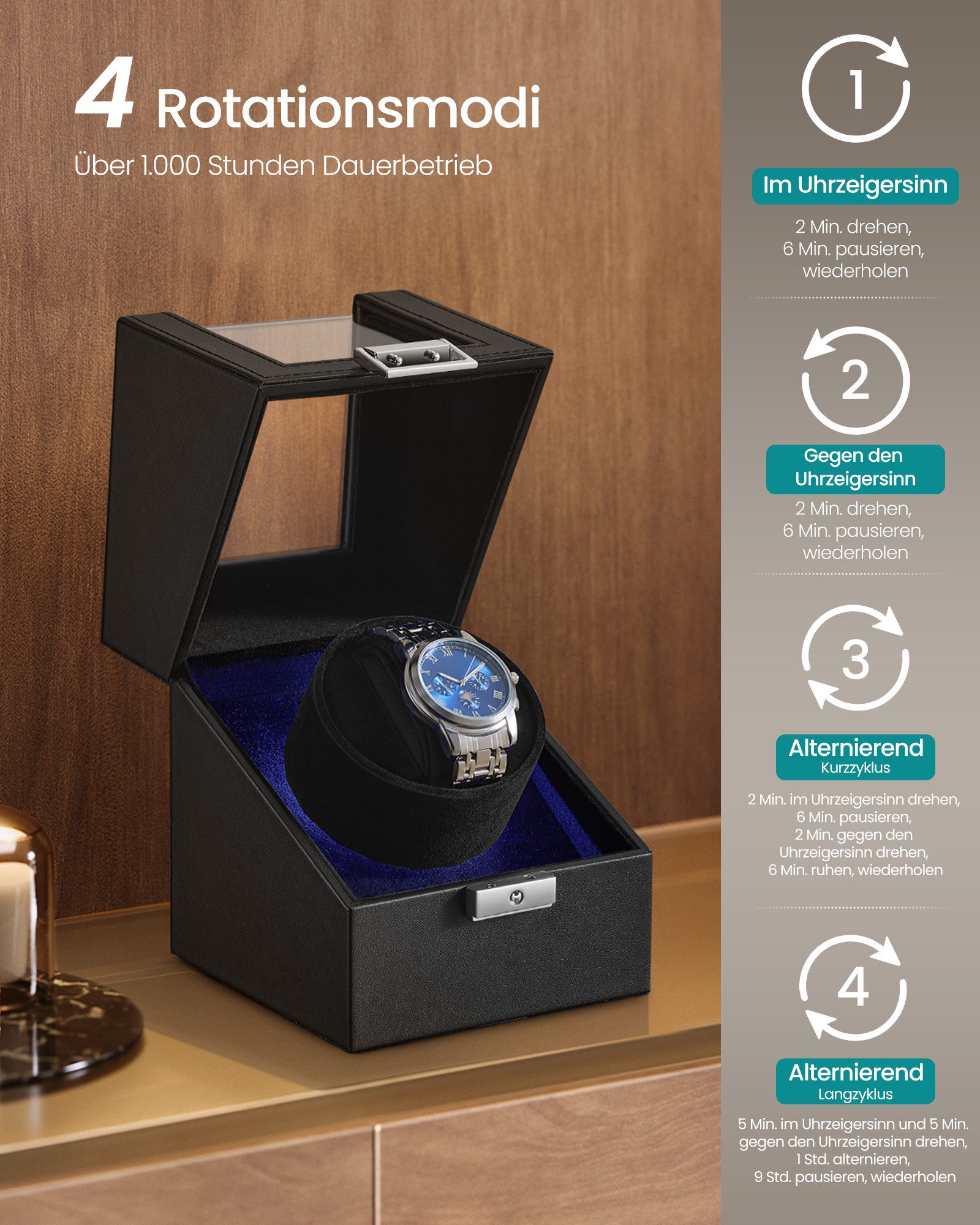 SONGMICS Uhrenbeweger Uhrenbox, Premium-Motor, mit LED-Licht, verstellbarem Uhrenkissen, Automatik Uhrenbeweger 2Uhr, Schloss, 4 Rotationsmodi, USB-C-Ladekabel – Bild 3 von 5