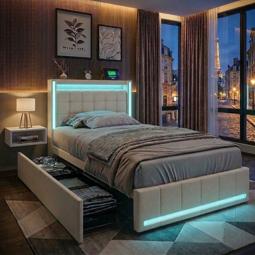 PXloue Polsterbett LED Doppelbett Stauraumbett, mit USB-Laden und Stauraum am Kopfteil,Leinen,90x200 cm