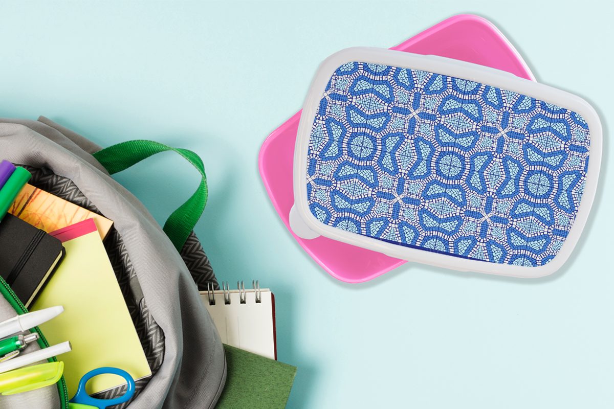 - MuchoWow Design, Blau Mosaik Mädchen, - Kunststoff Kunststoff, Kinder, Erwachsene, für rosa Lunchbox (2-tlg), Brotdose Snackbox, Brotbox
