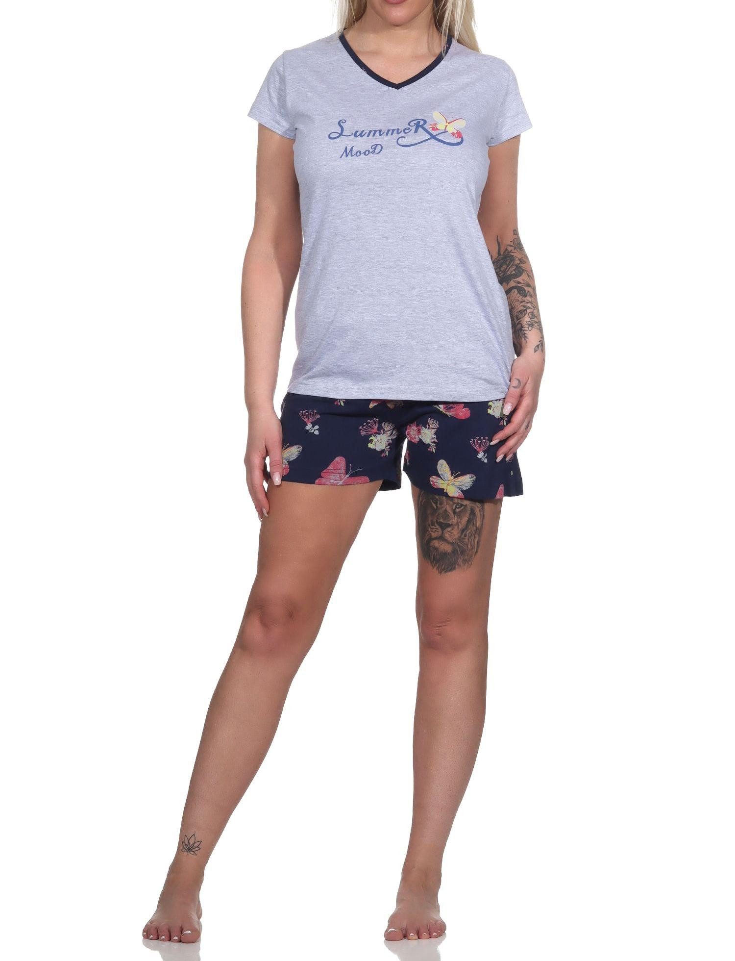 Pyjama Damen kurzarm Shorty Schlafanzug mit Schmetterling als Motiv