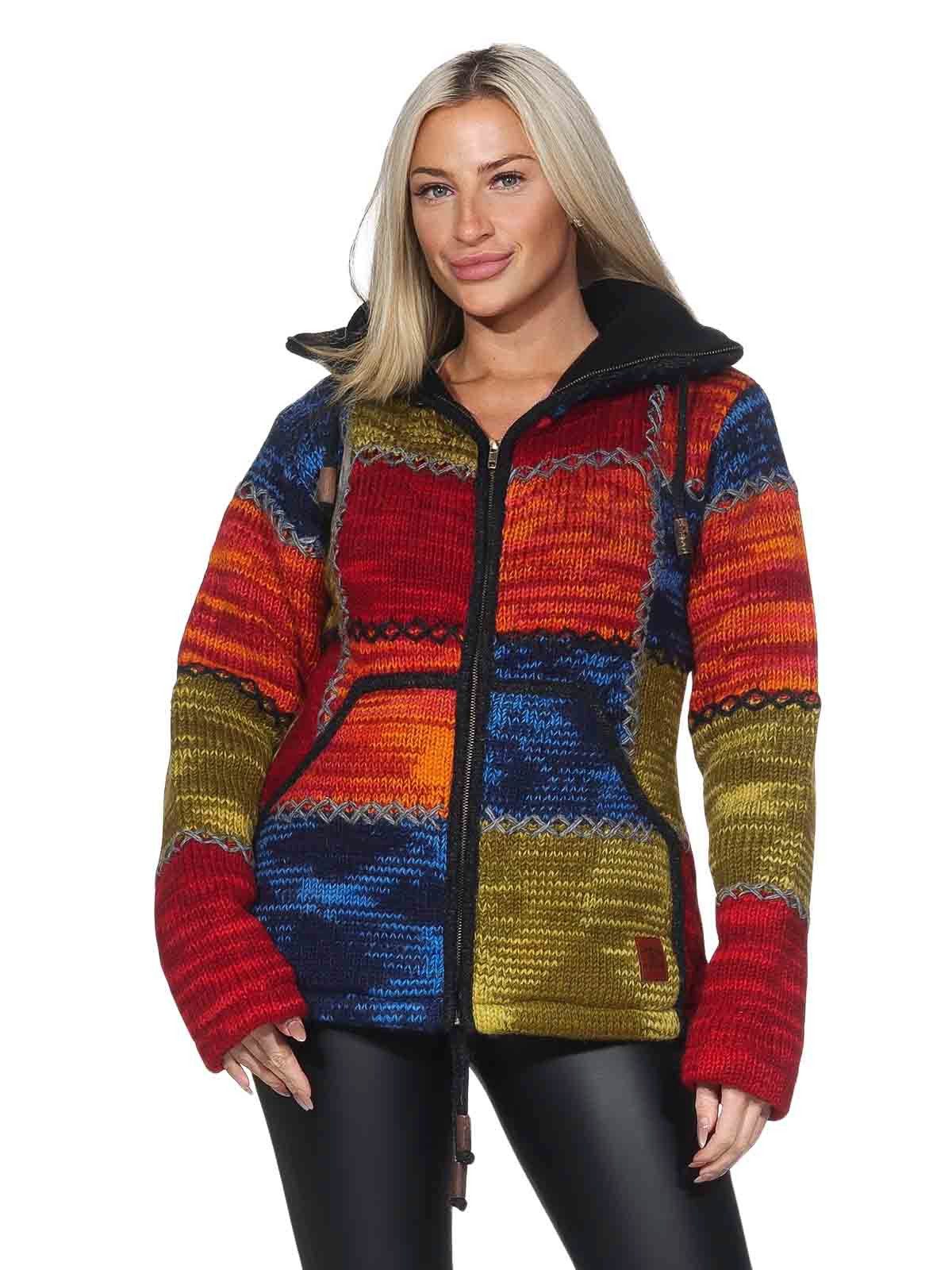 KUNST UND MAGIE Strickjacke Damen Strickjacke Wolle Bunte Patchwork Jacke+Fleecefutter&Hochkragen