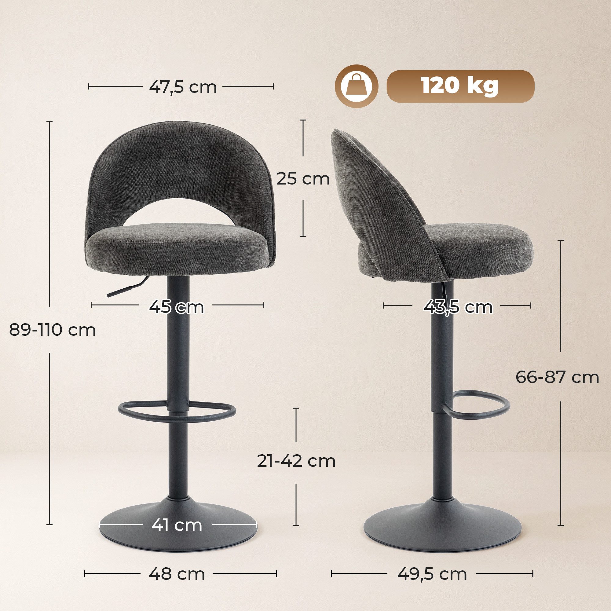 HOMCOM Barhocker Barstuhl mit Rückenlehne (Set, 2 St., 2er Set), 360° drehbar, höhenverstellbar