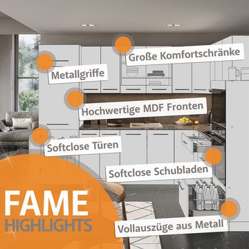 Livinity® Küchenzeile Fame-Line, Schwarz-Eiche Hochglanz/Weiß, 280 cm, AP Marmor